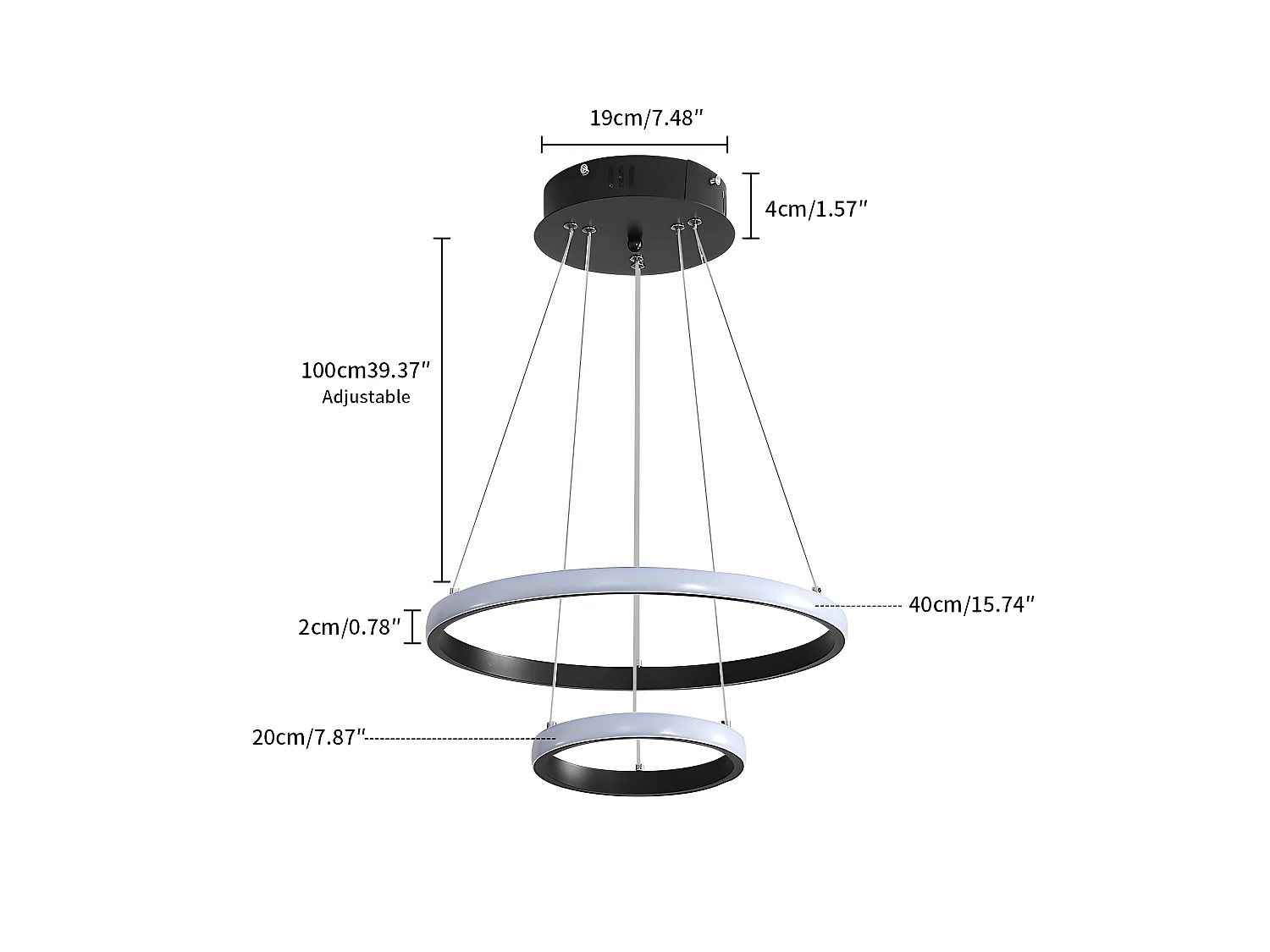 Lustre led circulaire moderne, 20+40cm, lampe de suspension réglable 28w 6500k, lumière froid