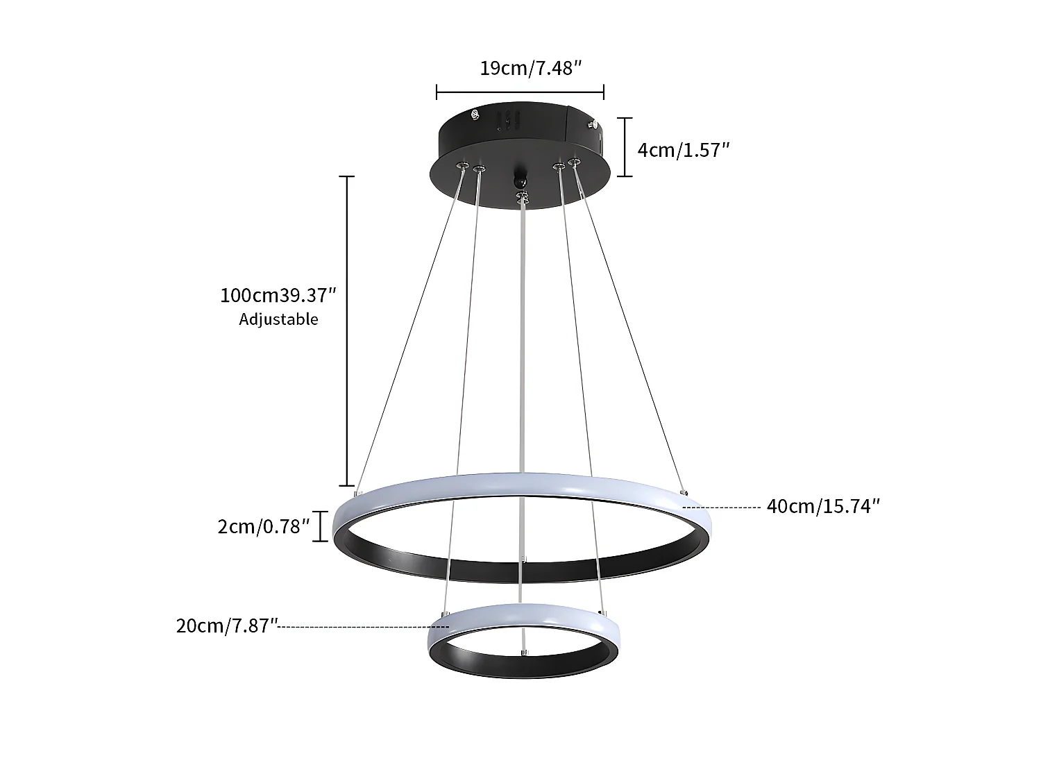 Lustre led circulaire moderne, 20+40cm, lampe de suspension réglable 28w 6500k, lumière froid
