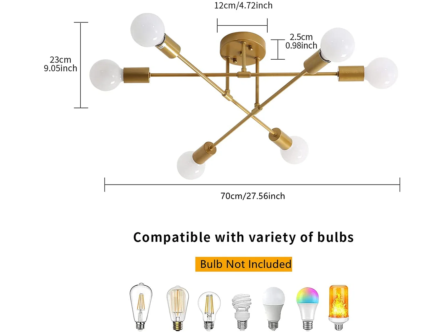 Plafonnier led moderne rétro lustre, or, 60*60*23cm, 6 lumières E27 base, sans ampoules