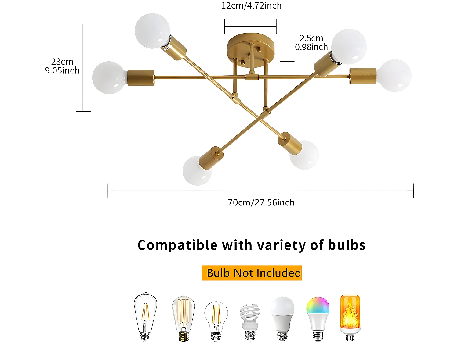 Plafonnier led moderne rétro lustre, or, 60*60*23cm, 6 lumières E27 base, sans ampoules