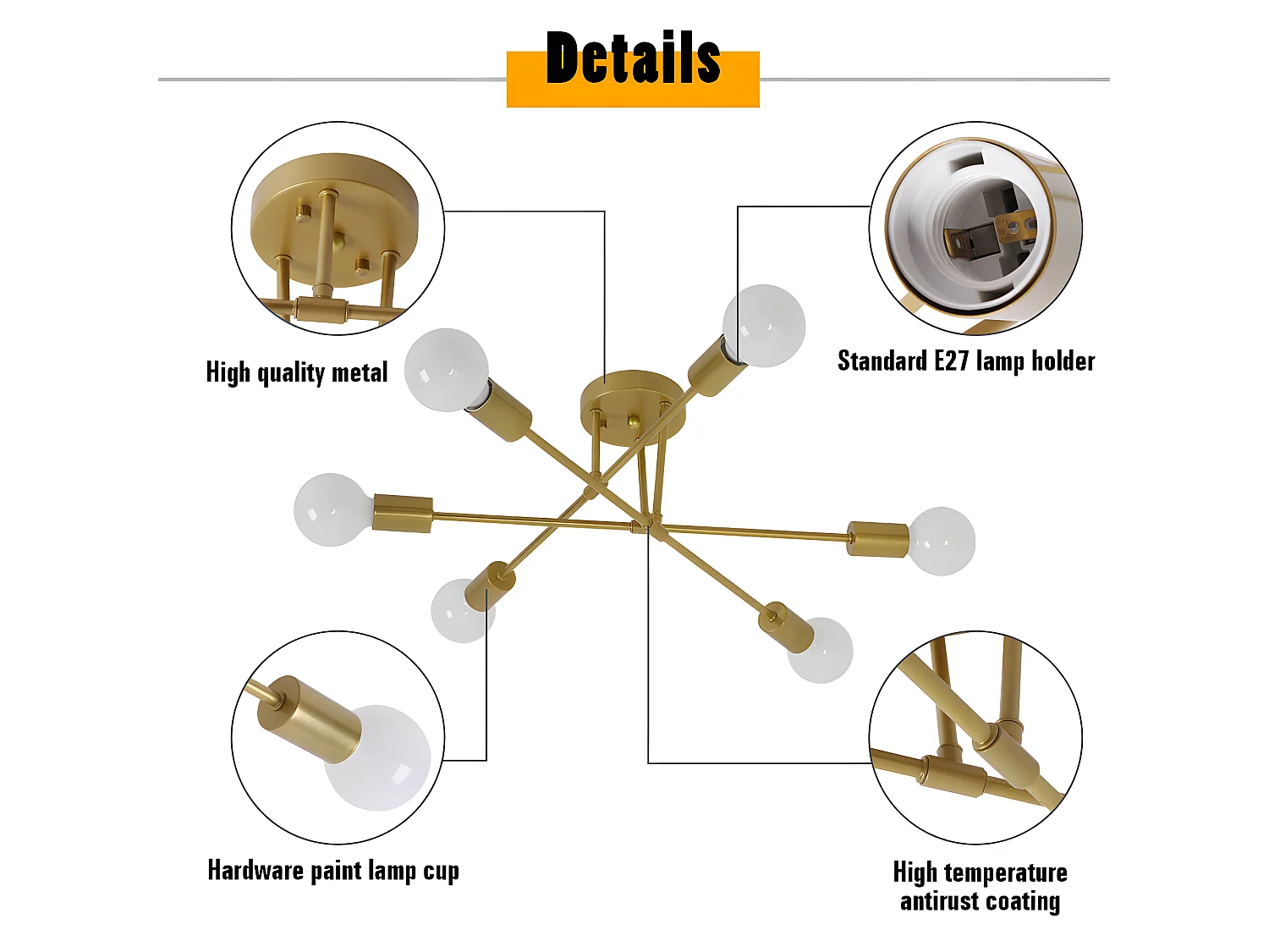 Plafonnier led moderne rétro lustre, or, 60*60*23cm, 6 lumières E27 base, sans ampoules