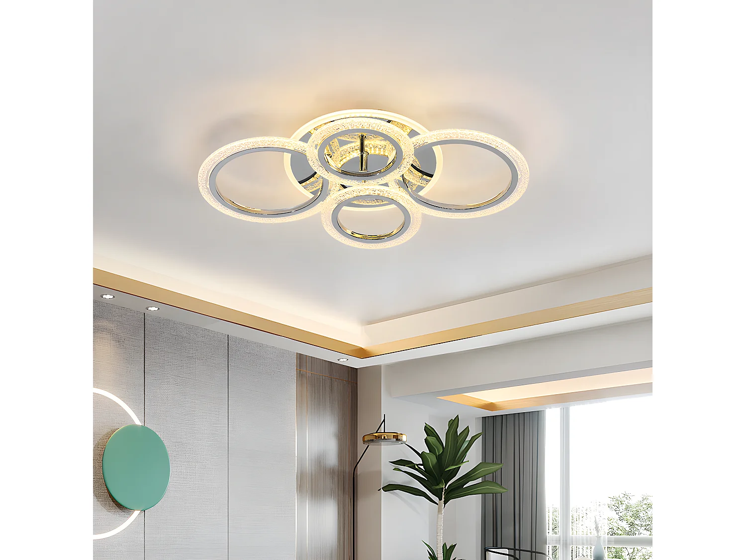 Luce a soffitto a LED moderna, 56,5*40*13 cm, lampadario a soffitto di design da 60 W con 4 anelli, luce calda