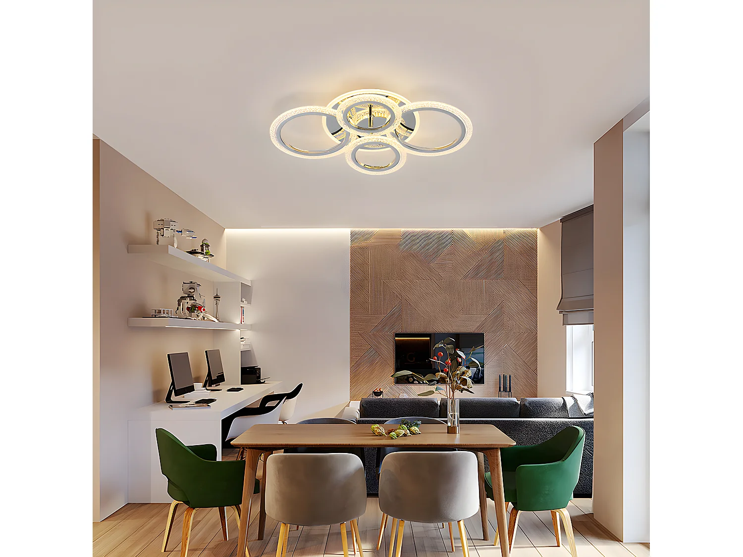 Luce a soffitto a LED moderna, 56,5*40*13 cm, lampadario a soffitto di design da 60 W con 4 anelli, luce calda