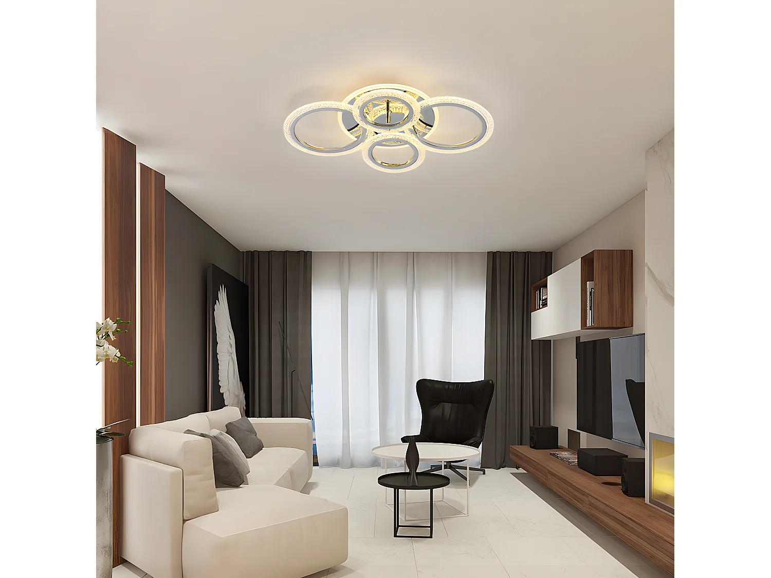 Luce a soffitto a LED moderna, 56,5*40*13 cm, lampadario a soffitto di design da 60 W con 4 anelli, luce calda