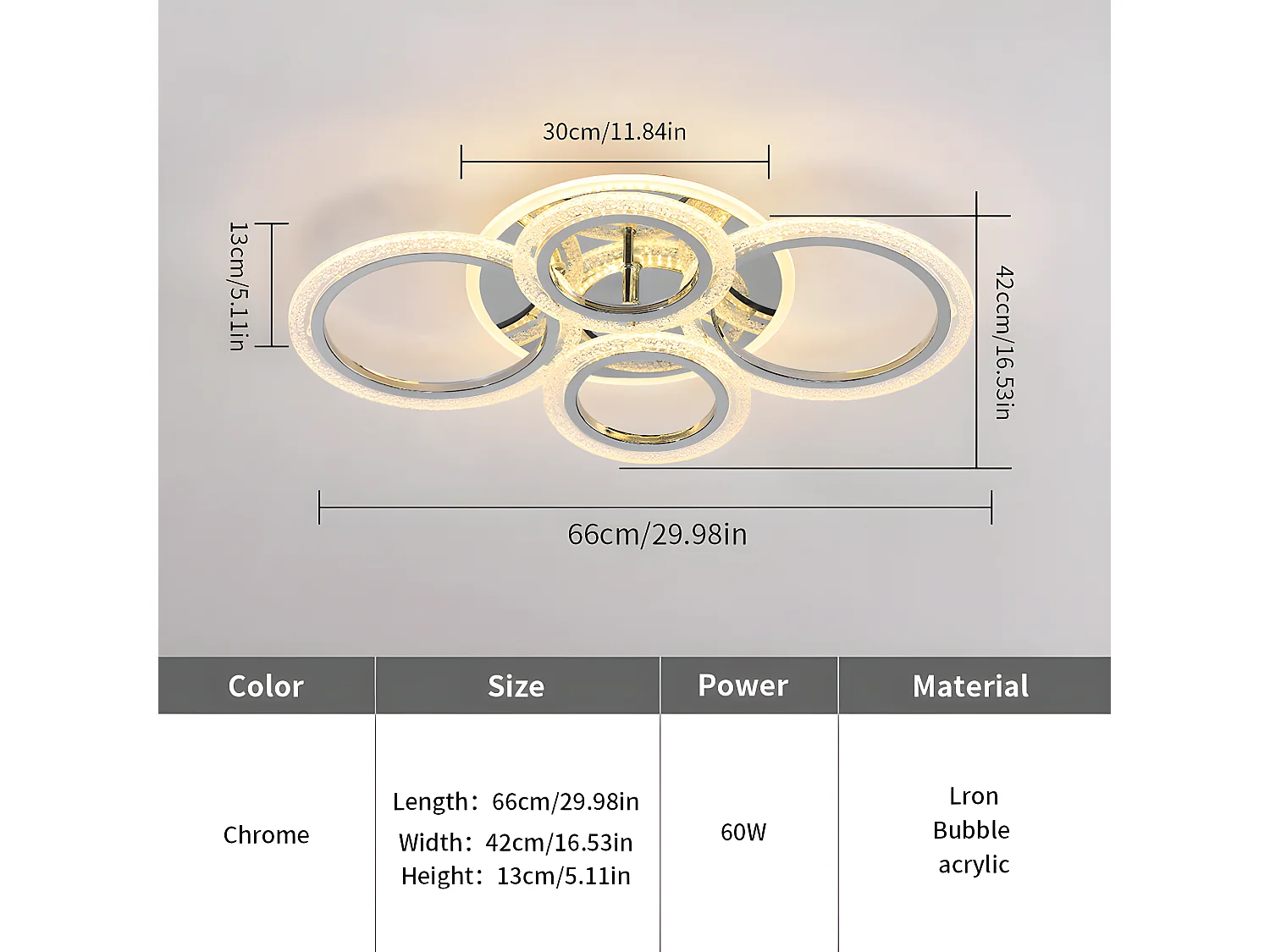 Luce a soffitto a LED moderna, 56,5*40*13 cm, lampadario a soffitto di design da 60 W con 4 anelli, luce calda