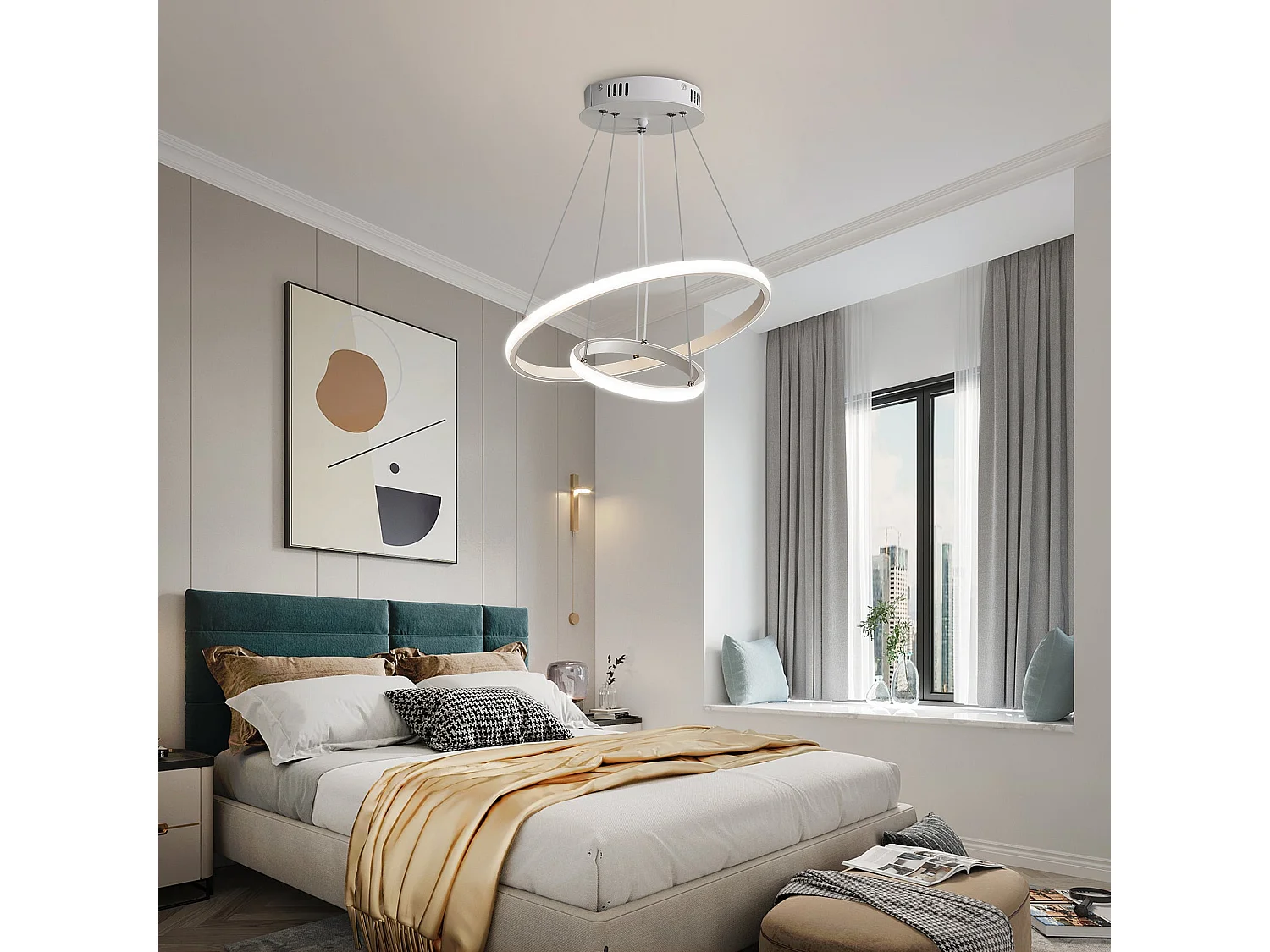 TOT ELECTRIC Lampadario Sospeso LED 60W, 2 Cerchi Rotondi, Design Moderno, Bianco, Luce Naturale 4000K
