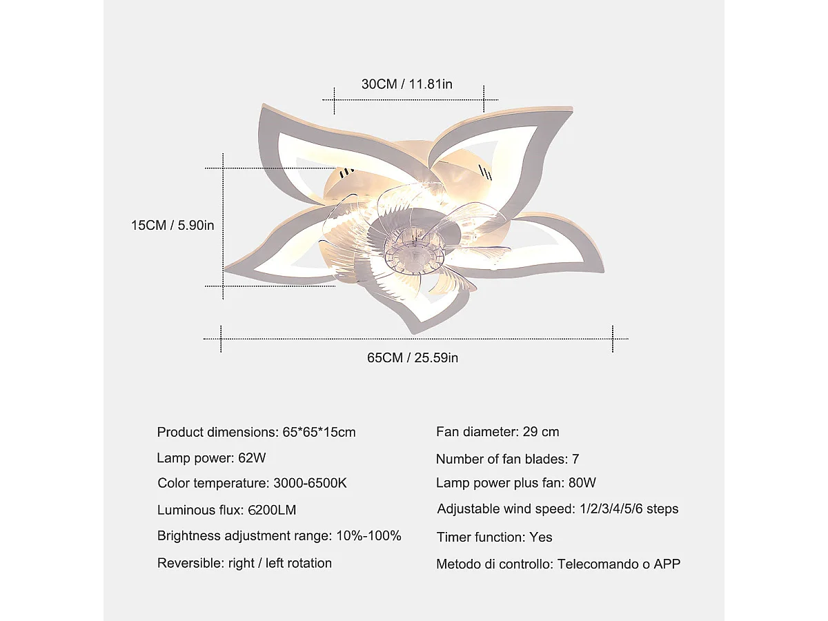 Ventilateur de plafond avec éclairage plafonnier,  64*64*15cm, 62w, avec télécommande, dimmabe