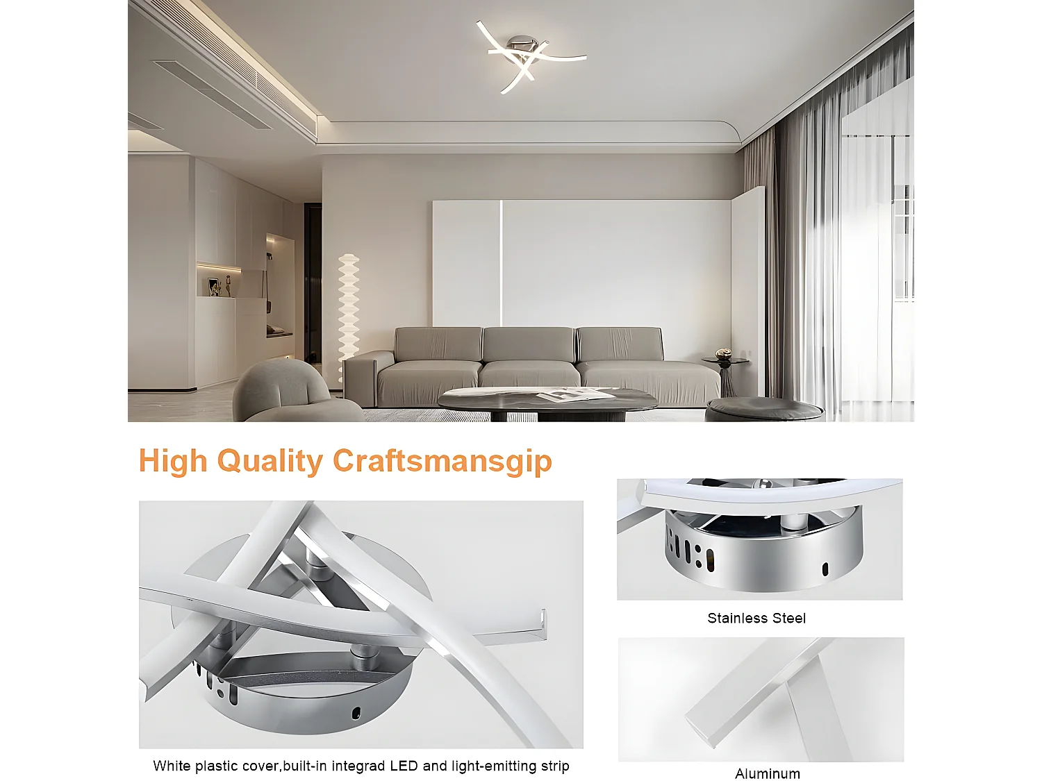 Plafonnier leden forme de vague, argenté,  39 * 39 * 8cm, lumière blanche neutre 4000k