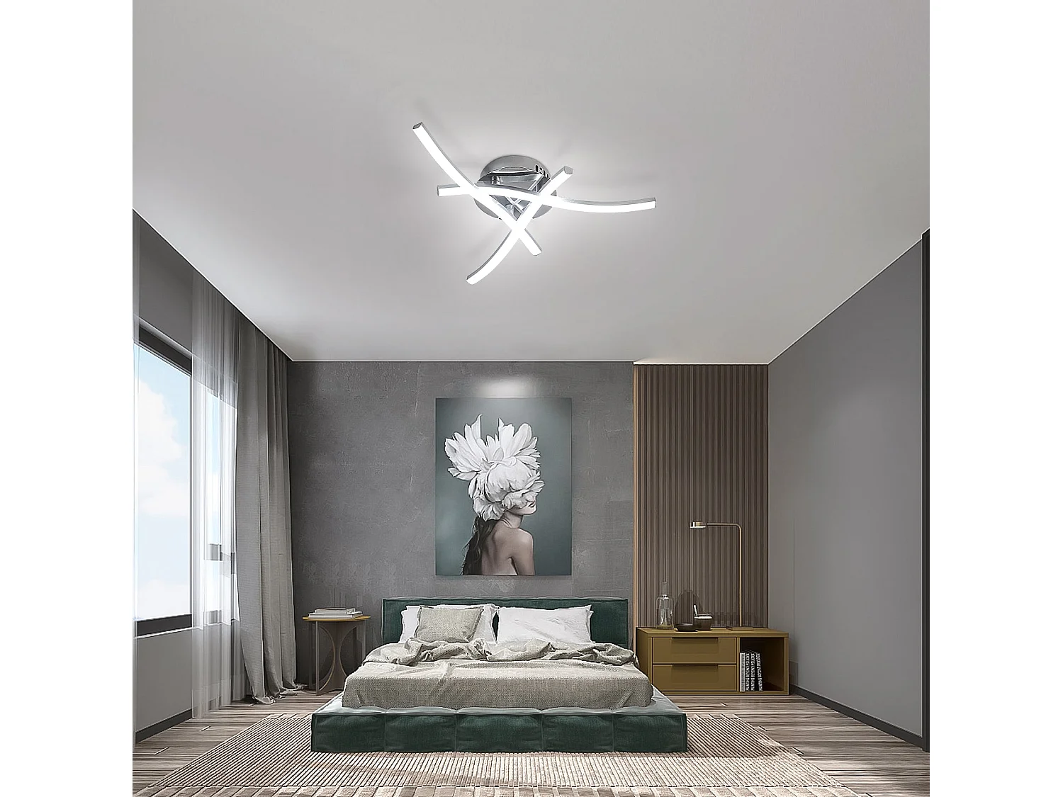 Plafonnier led dimmable design ondulé moderne, argenté, 40 * 40 * 6 CM, avec télécommande, 18w