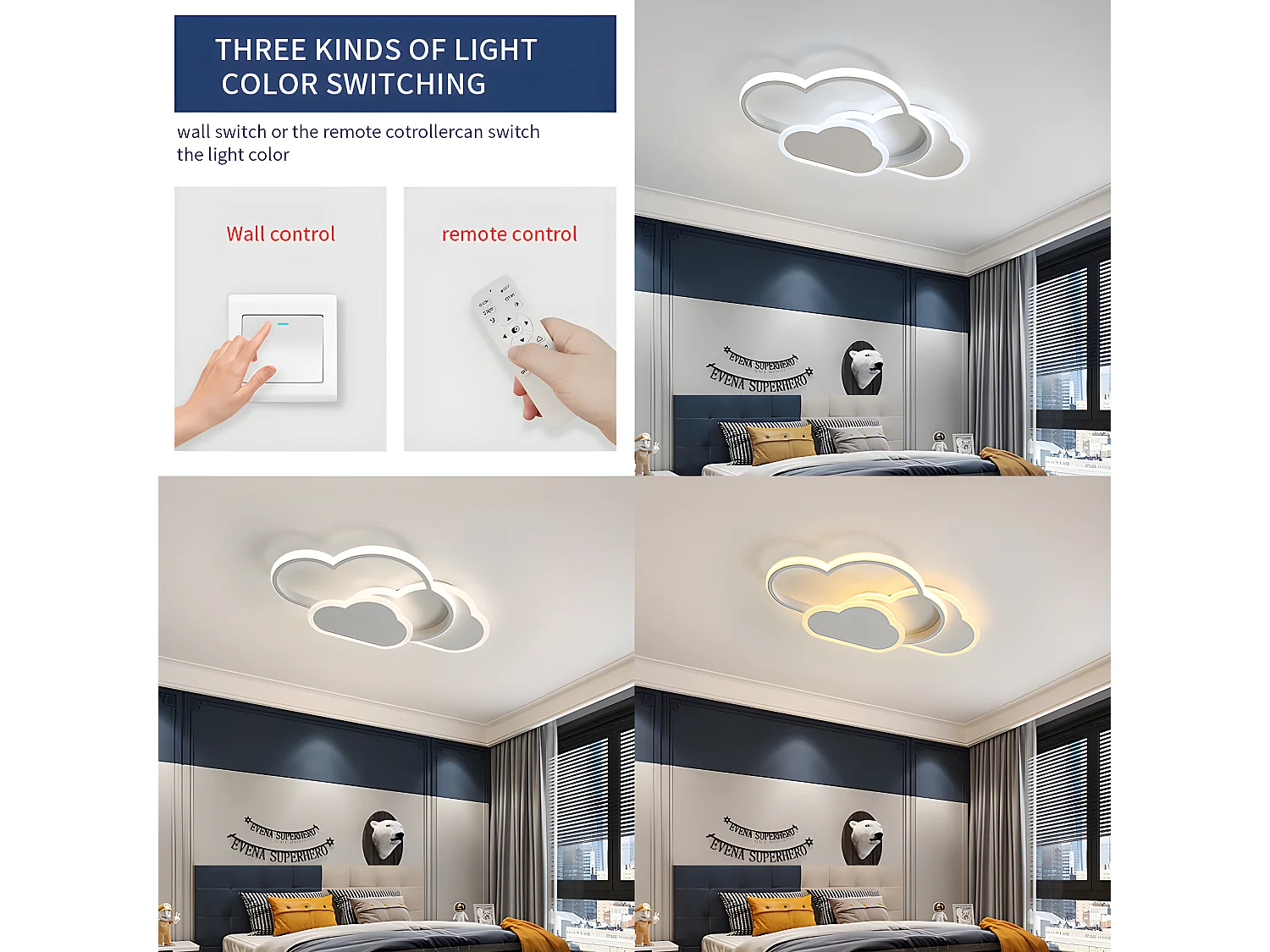 Plafonnier nuage 32w led créatif avec dimmable télécommande,  45 * 24 * 6cm, blanc, 3000-6500k