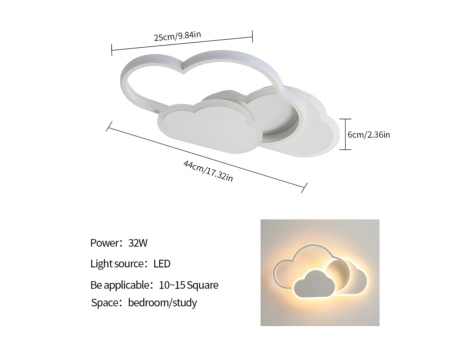 Plafonnier nuage 32w led créatif avec dimmable télécommande,  45 * 24 * 6cm, blanc, 3000-6500k