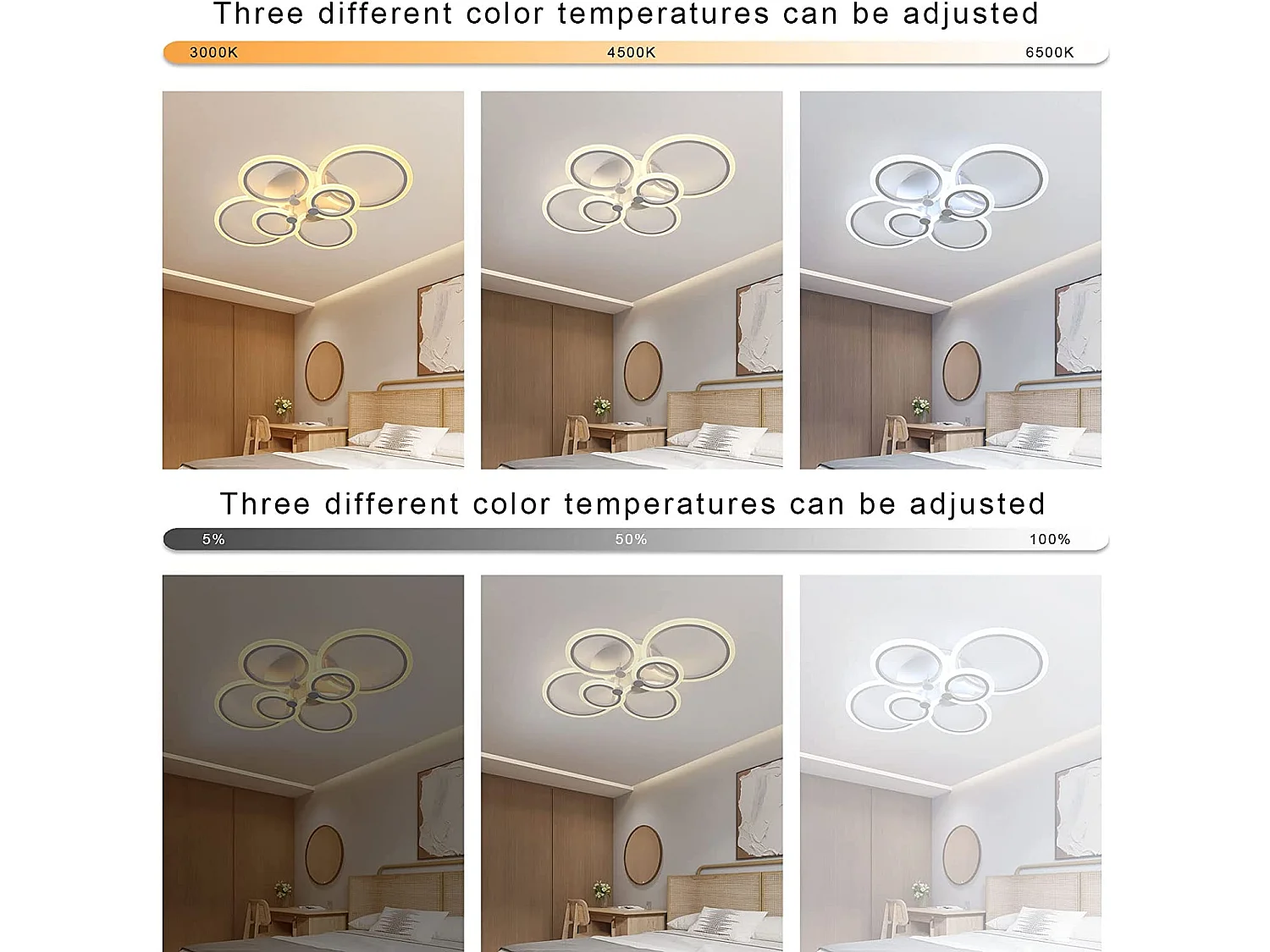 Plafonnier led dimmable avec télécommande moderne à 6 anneaux,  L78*W50*H17, blanc, 76w