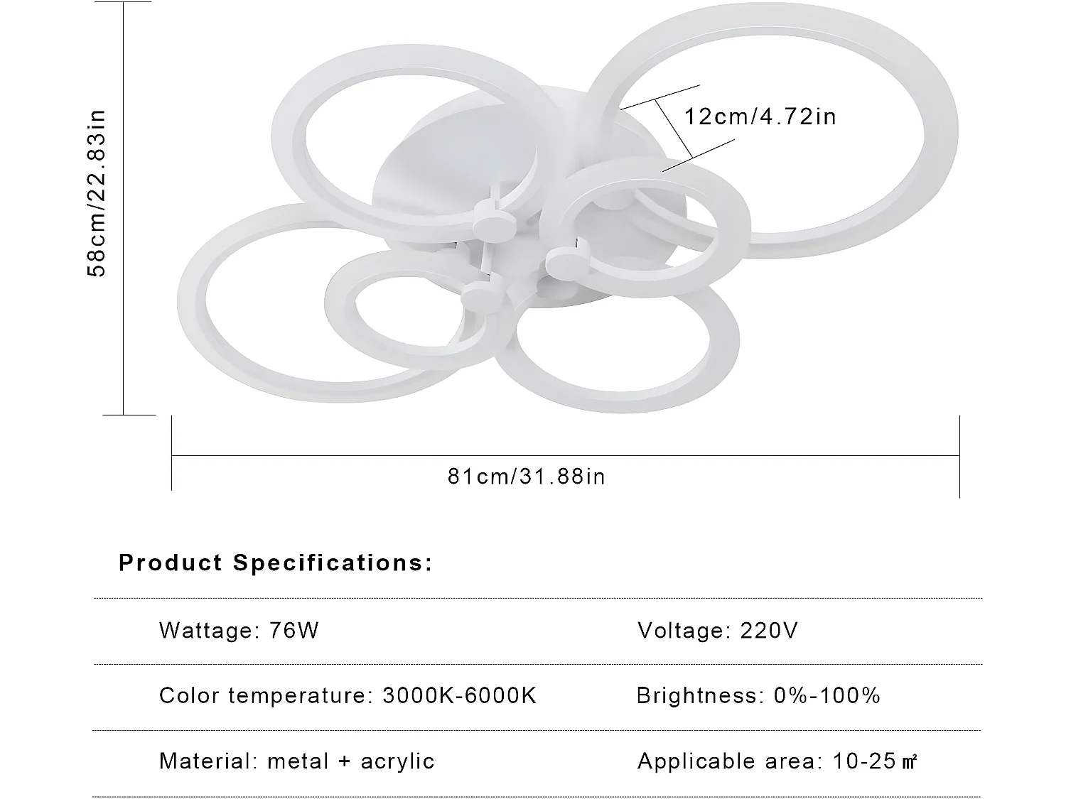 Plafonnier led dimmable avec télécommande moderne à 6 anneaux,  L78*W50*H17, blanc, 76w
