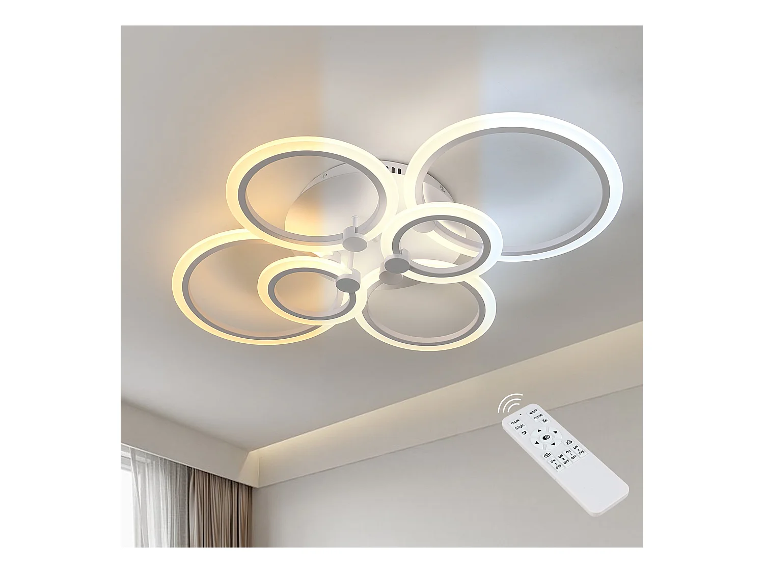 Plafonnier led dimmable avec télécommande moderne à 6 anneaux,  L78*W50*H17, blanc, 76w
