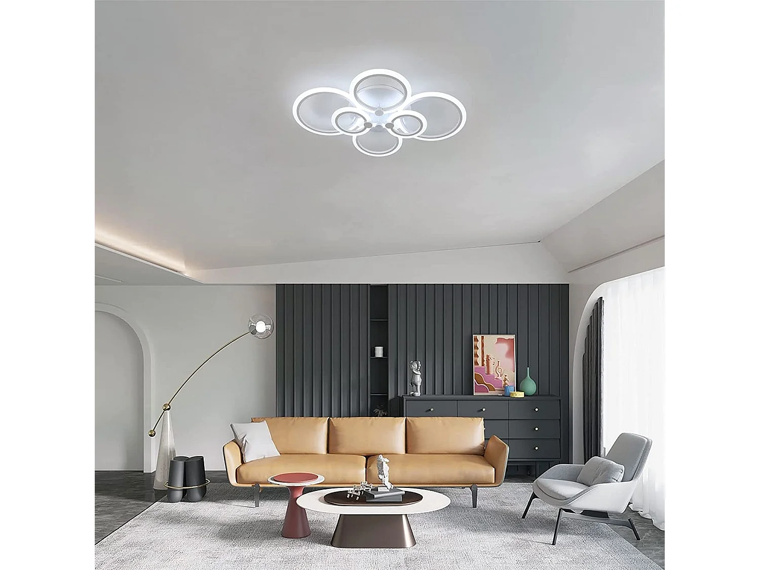 Plafonnier led dimmable avec télécommande moderne à 6 anneaux,  L78*W50*H17, blanc, 76w