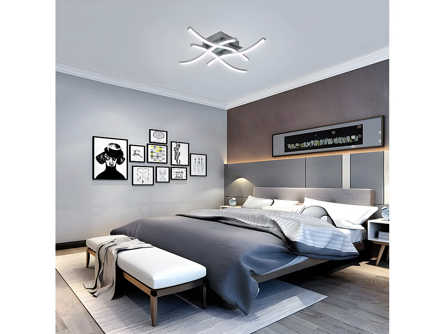 Plafonnier led design incurvé moderne, argenté, 46*46*7cm, lumière blanc froid