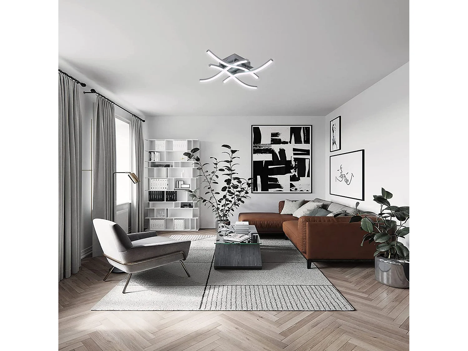 Plafonnier led design incurvé moderne, argenté, 46*46*7cm, lumière blanc froid