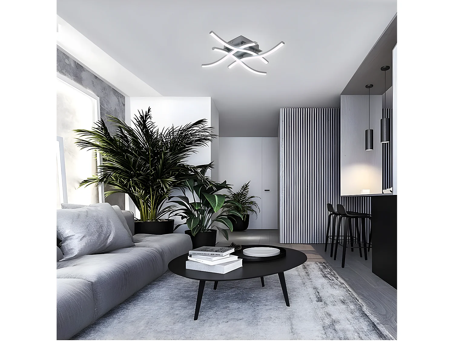 Plafonnier led design incurvé moderne, argenté, 46*46*7cm, lumière blanc froid