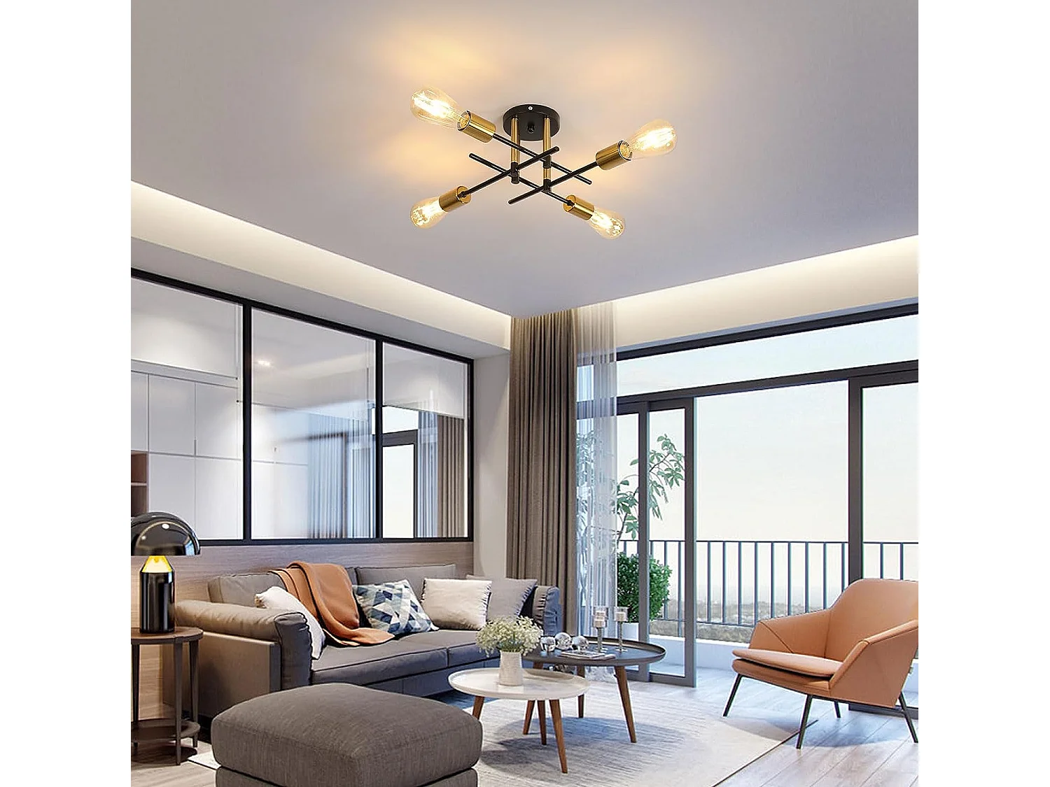 Plafonnier industriel vintage E27, 44*15cm, noir or, en metal, sans ampoules