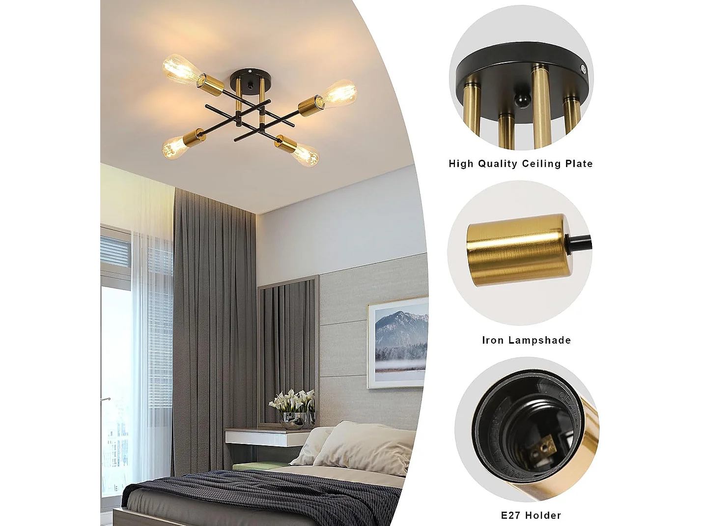 Plafonnier industriel vintage E27, 44*15cm, noir or, en metal, sans ampoules