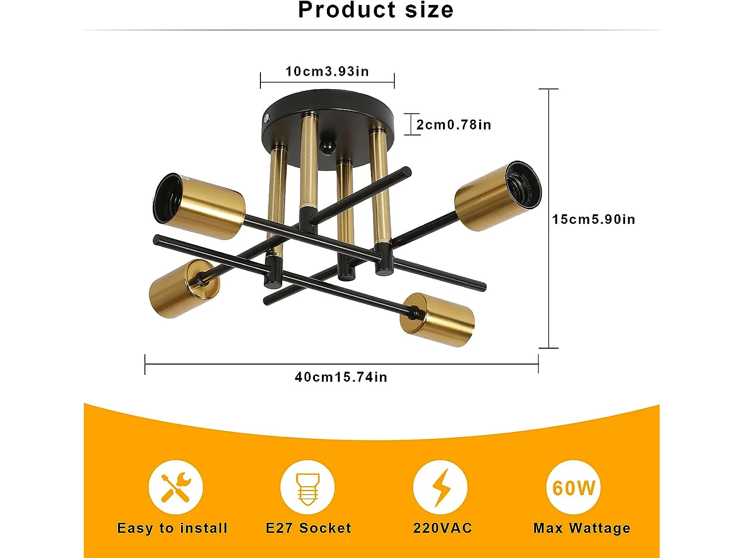 Plafonnier industriel vintage E27, 44*15cm, noir or, en metal, sans ampoules