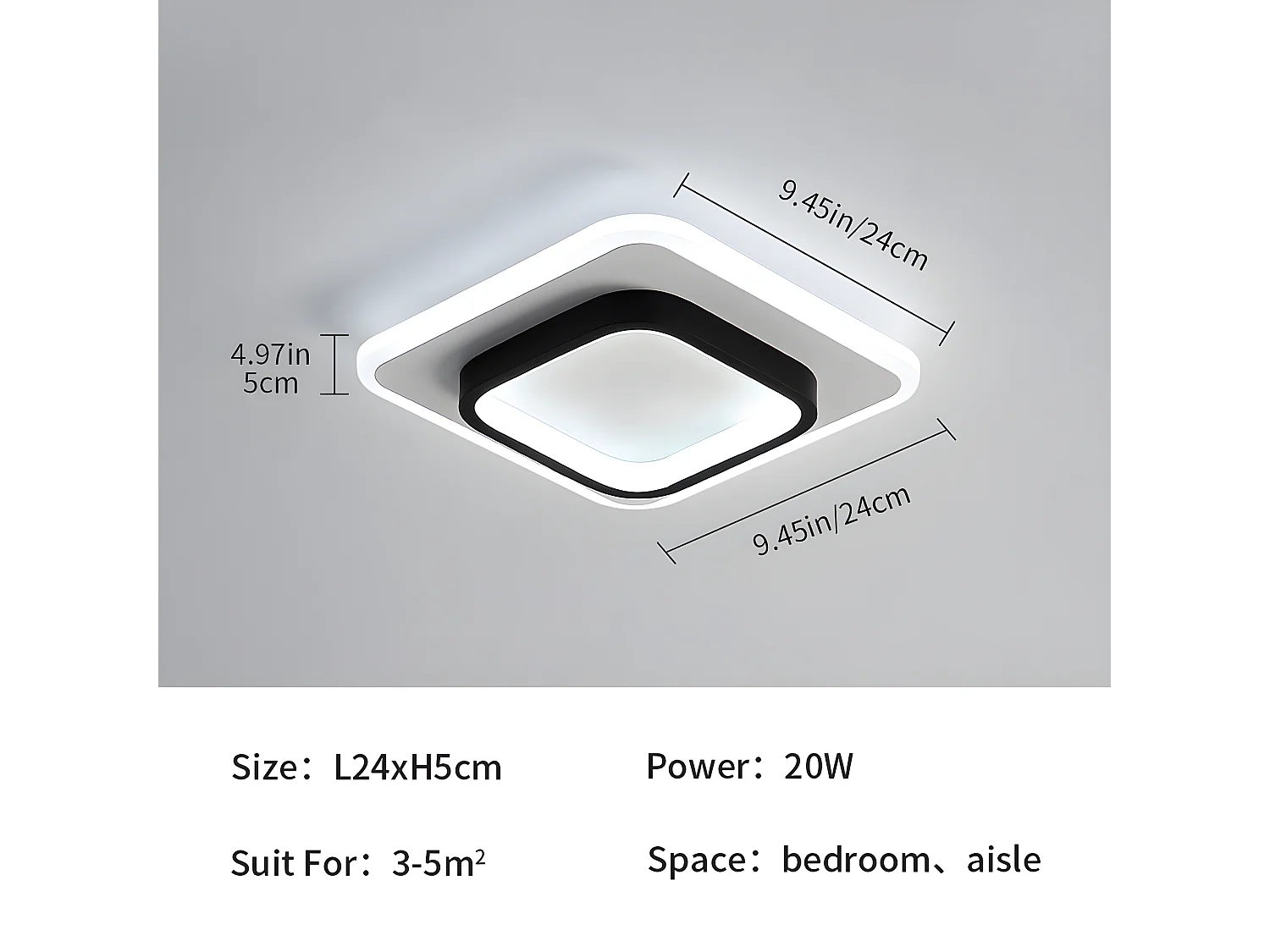 Plafonnier led moderne, carré, blanc noir, 24x24x5cm, mode en acrylique 24w