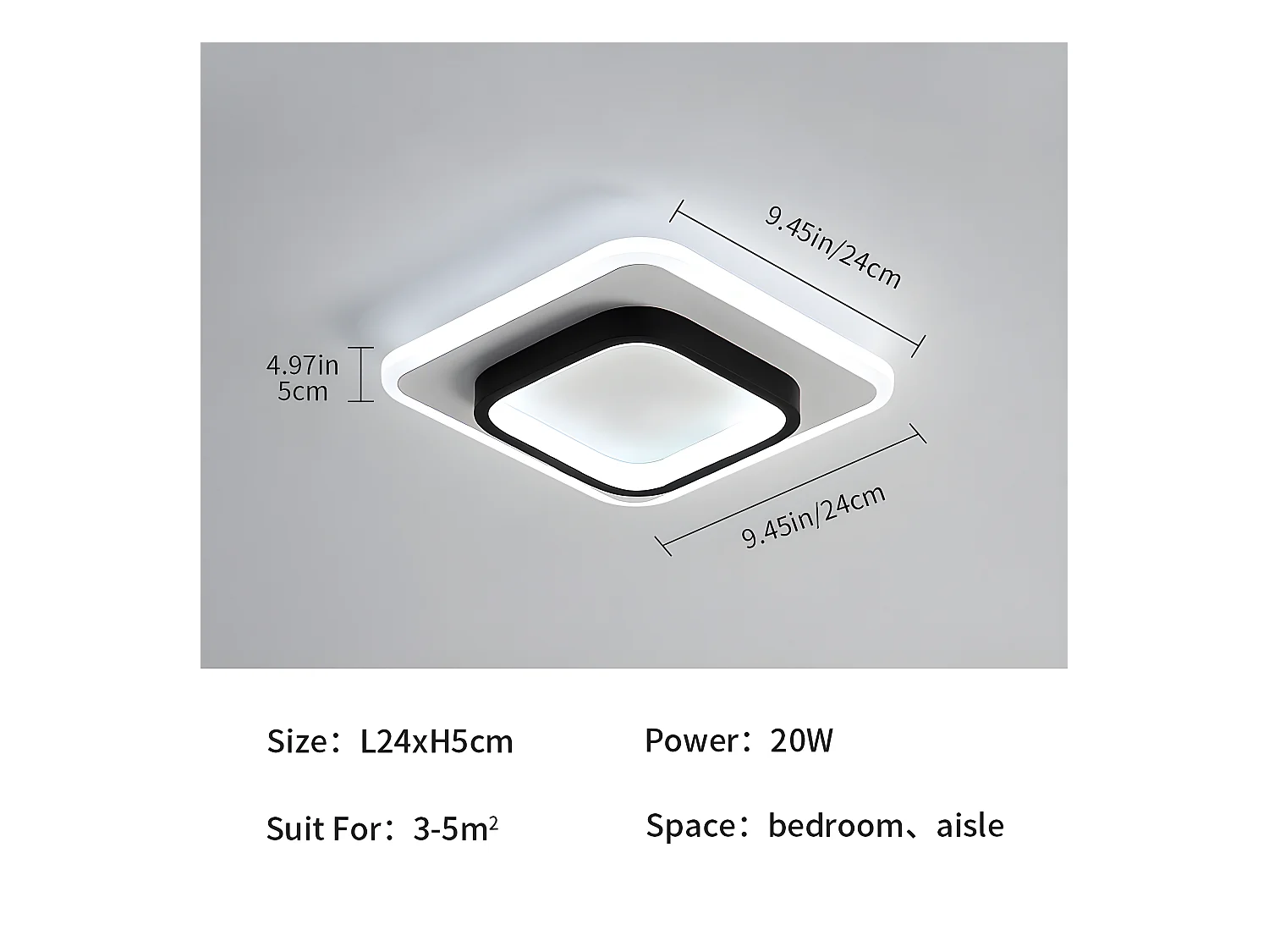 Moderne LED-Deckenleuchte, quadratisch, Schwarz-Weiß, 24 x 24 x 5 cm, 24 W, Acryl-Modus