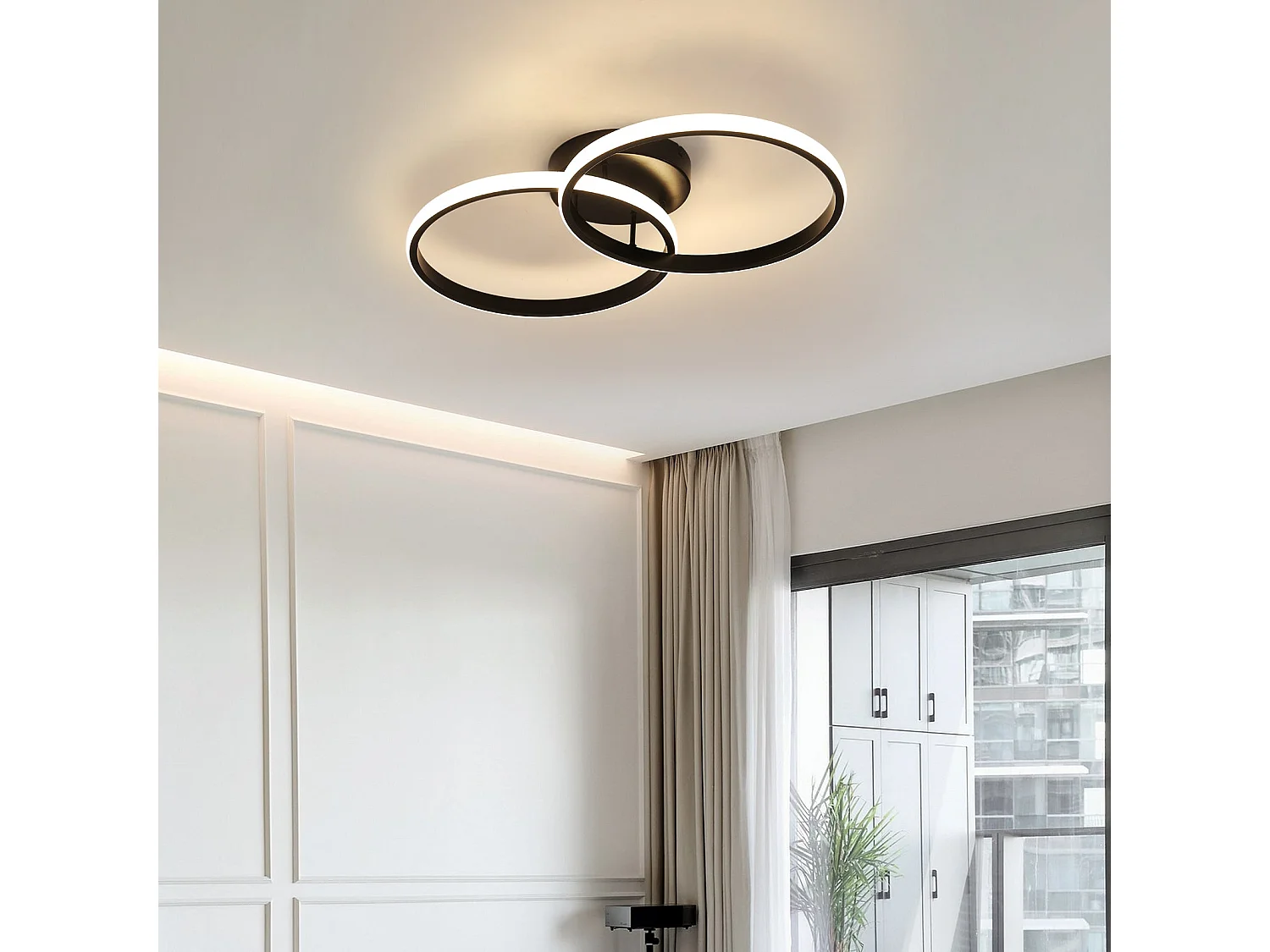 Plafonnier LED moderne double anneau, noir,  54*31*9cm, 42w, lumière blanc neutre