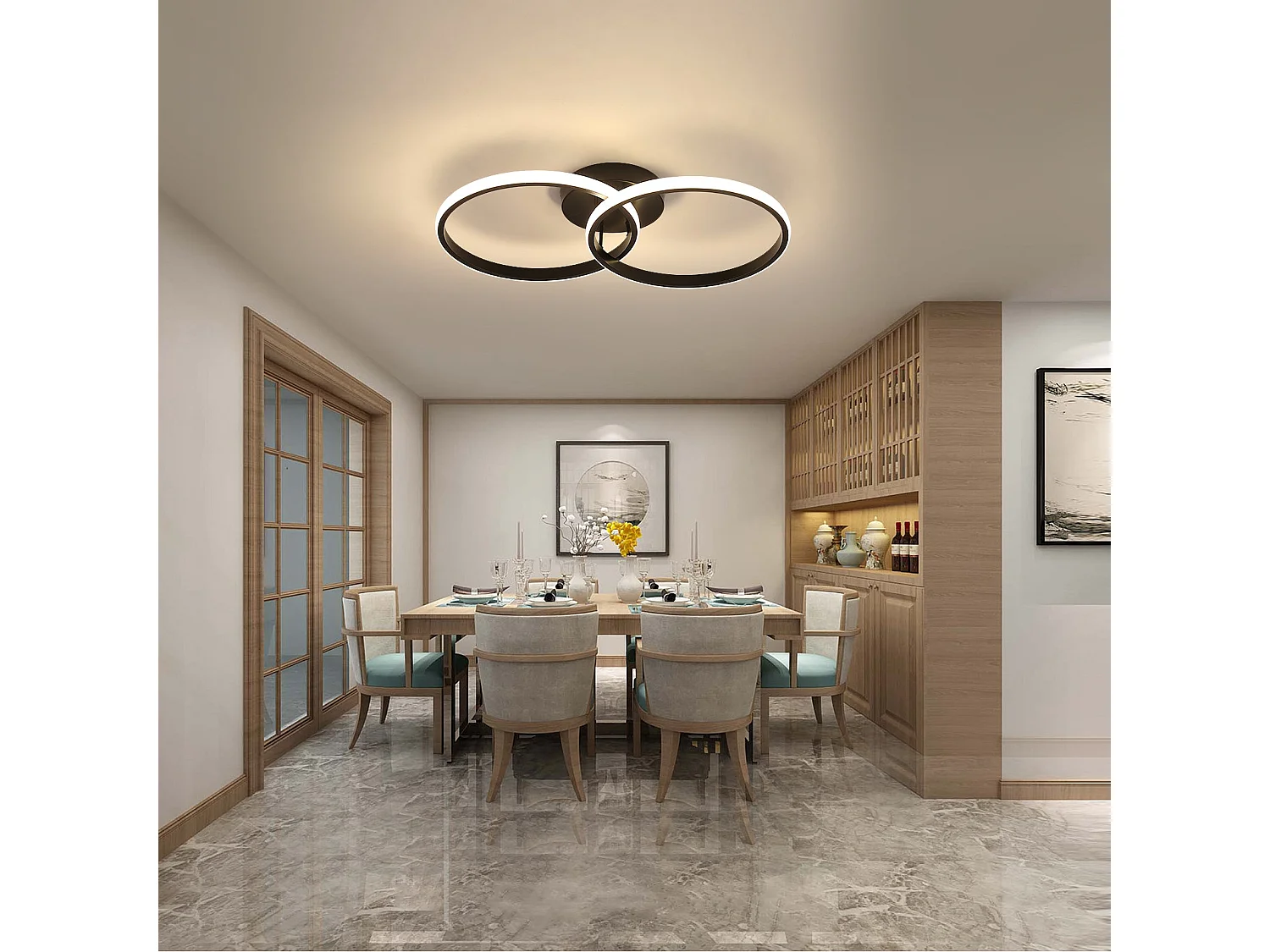 Plafonnier LED moderne double anneau, noir,  54*31*9cm, 42w, lumière blanc neutre