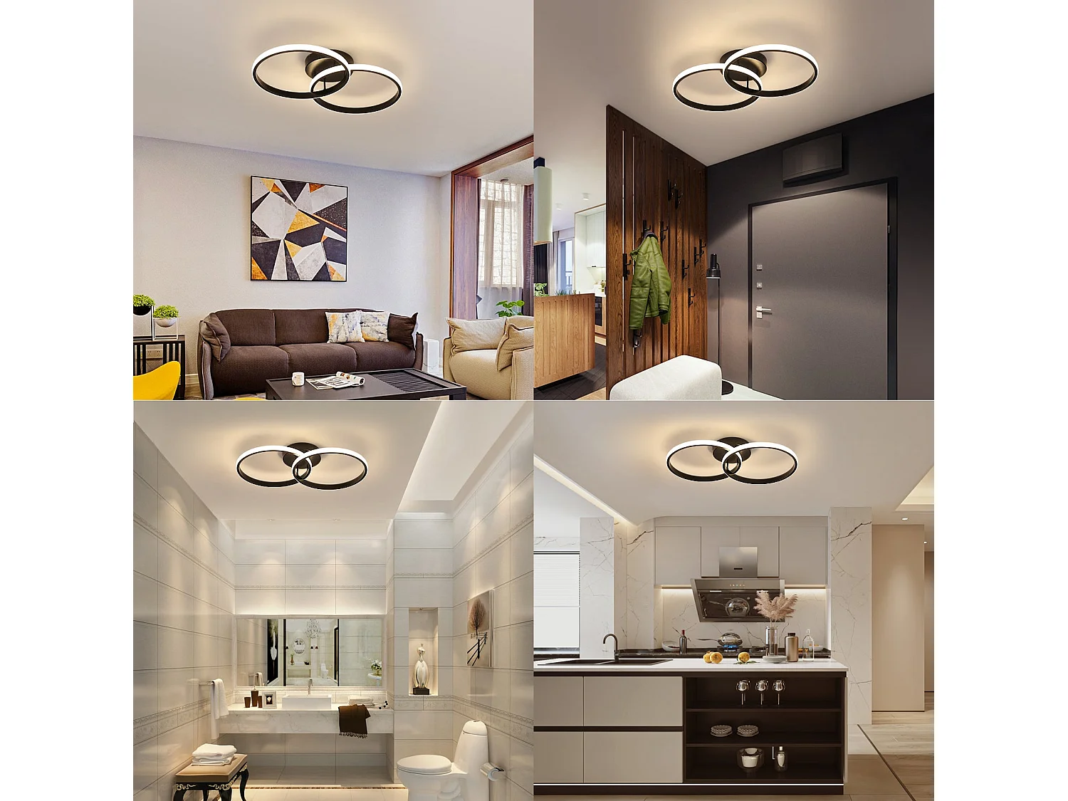 Plafonnier LED moderne double anneau, noir,  54*31*9cm, 42w, lumière blanc neutre