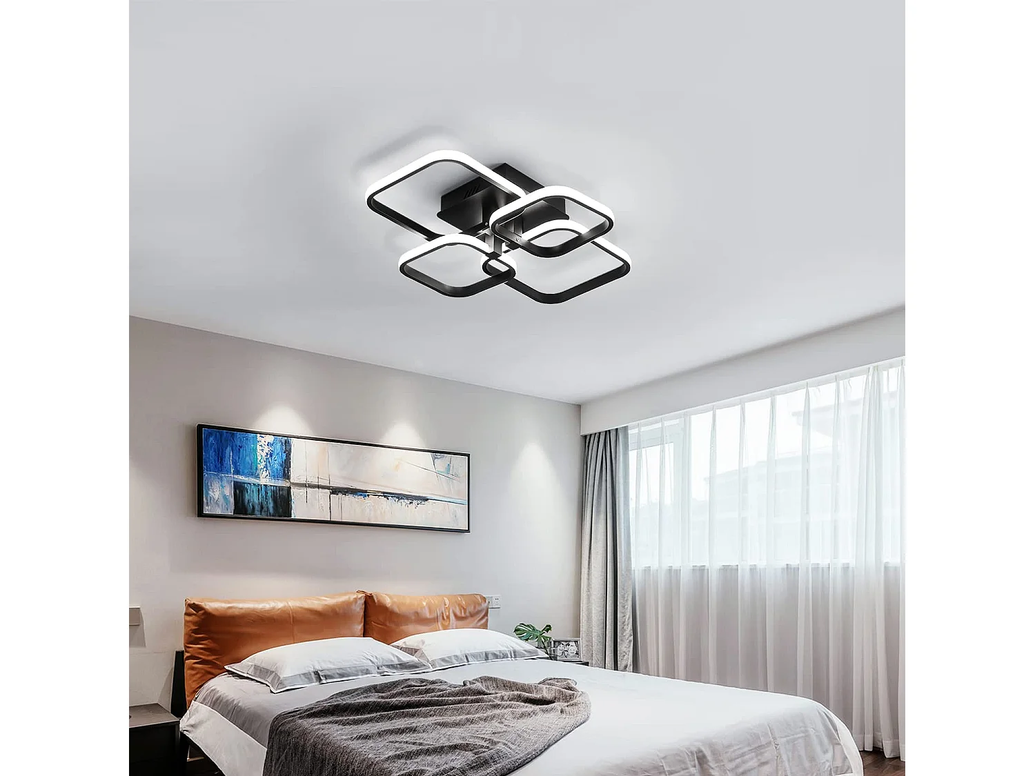 Plafonnier led moderne, 58*46cm, avec 4 carrés lustre noir, lumière blanc froid