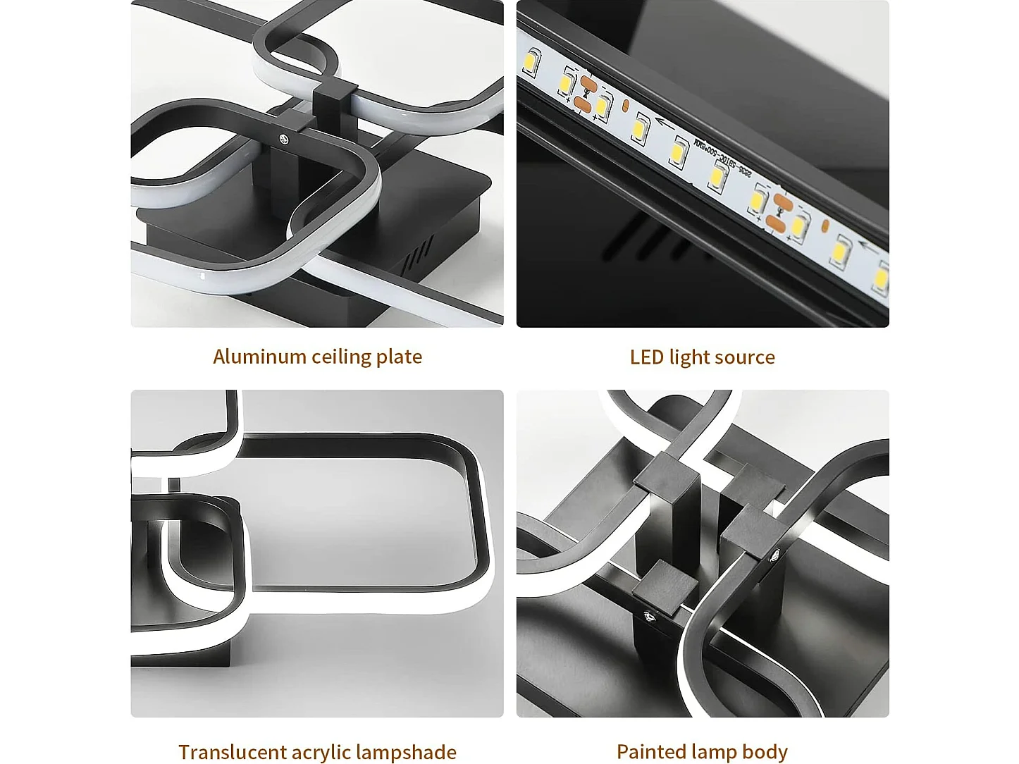 Plafonnier led moderne, 58*46cm, avec 4 carrés lustre noir, lumière blanc froid
