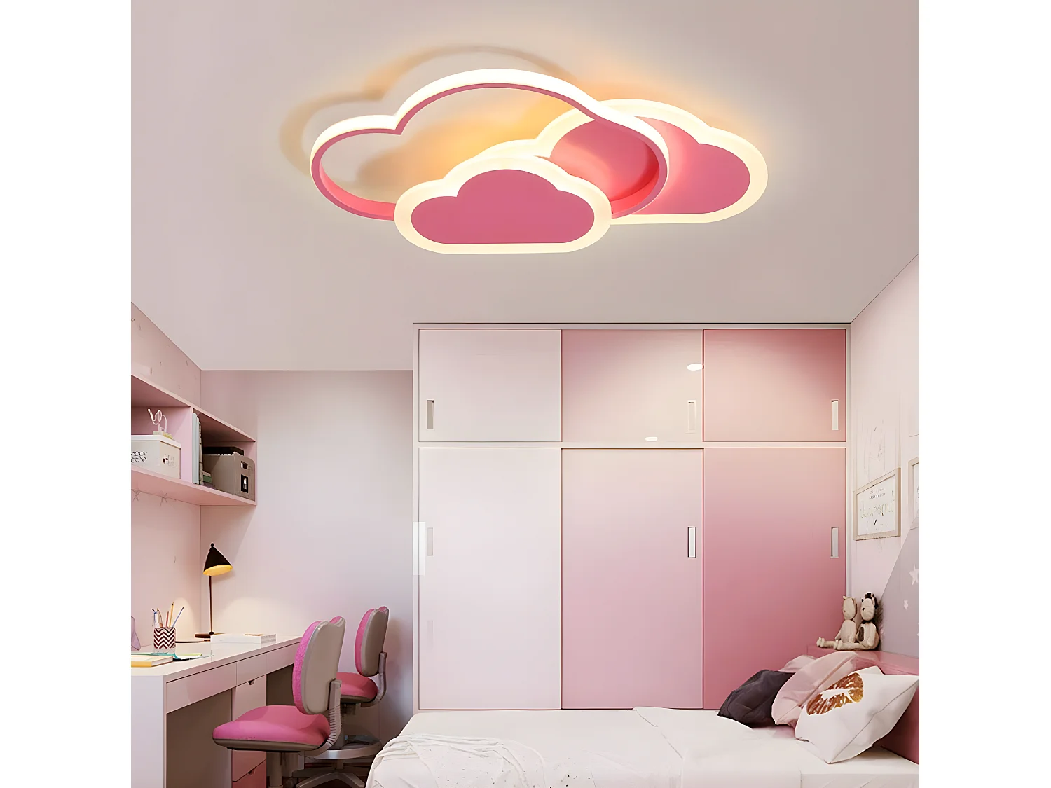 Plafonnier led nuage créatif dimmable 32w,  45*24*6cm, rose, avec télécommande 3000k ~ 6000k