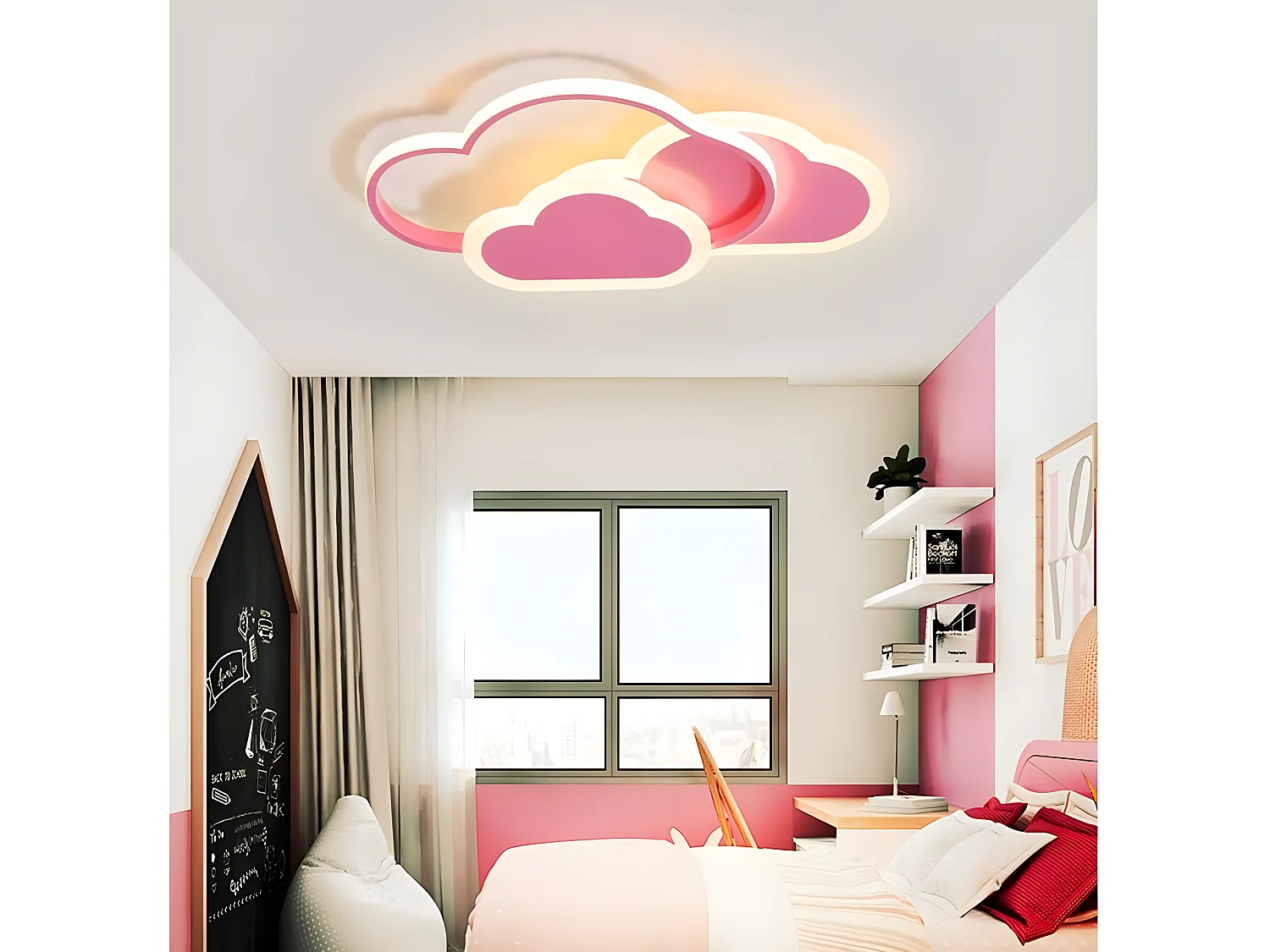 Plafonnier led nuage créatif dimmable 32w,  45*24*6cm, rose, avec télécommande 3000k ~ 6000k