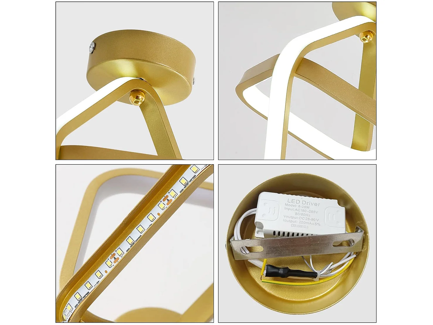 Plafonnier led 24w moderne carré, 22cm*25cm, or, en métal, lumière blanc