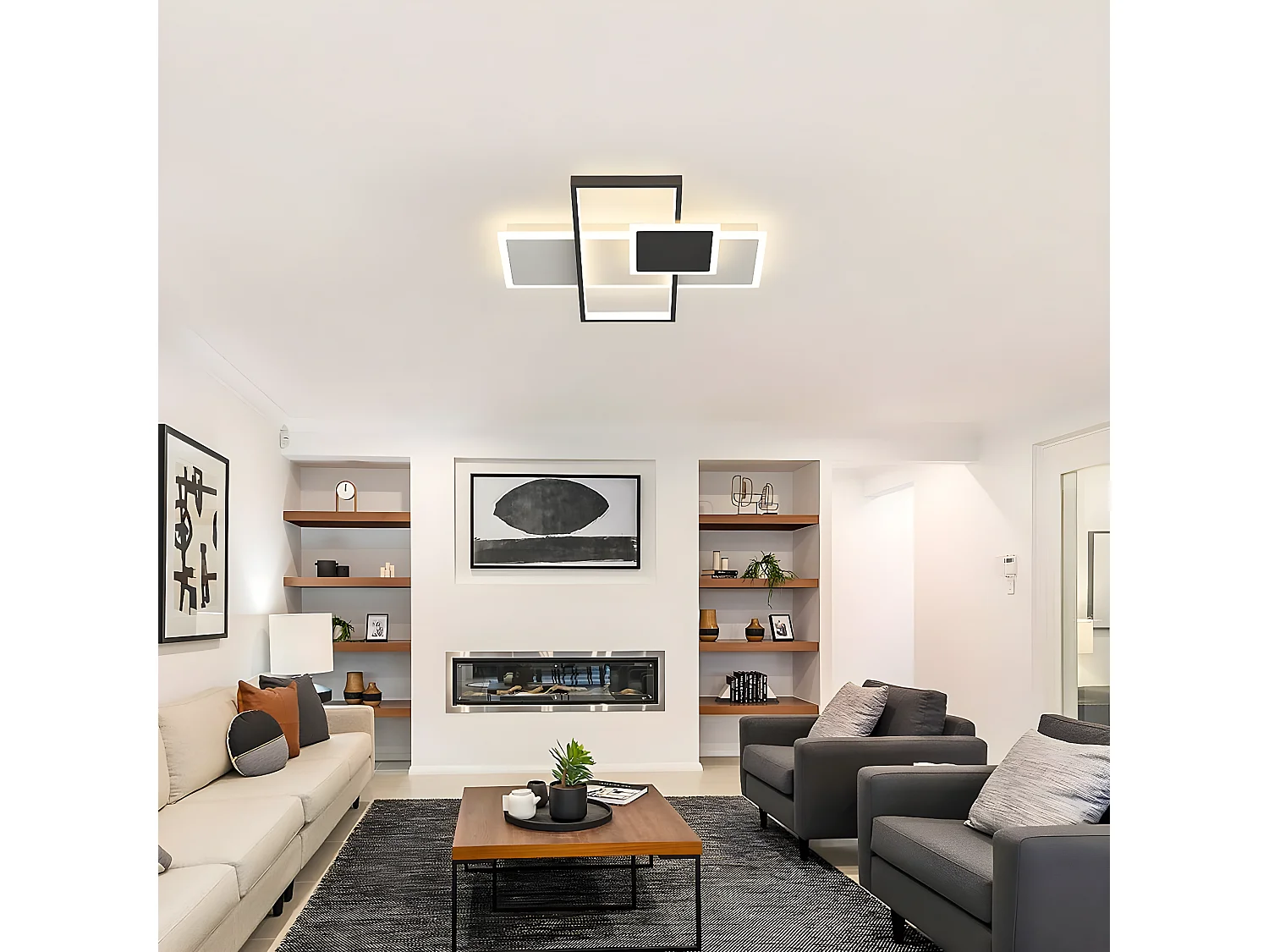 Plafonnier led moderne dimmable avec télécommande, blanc noir, 52*52*7cm, 2700k-6500k