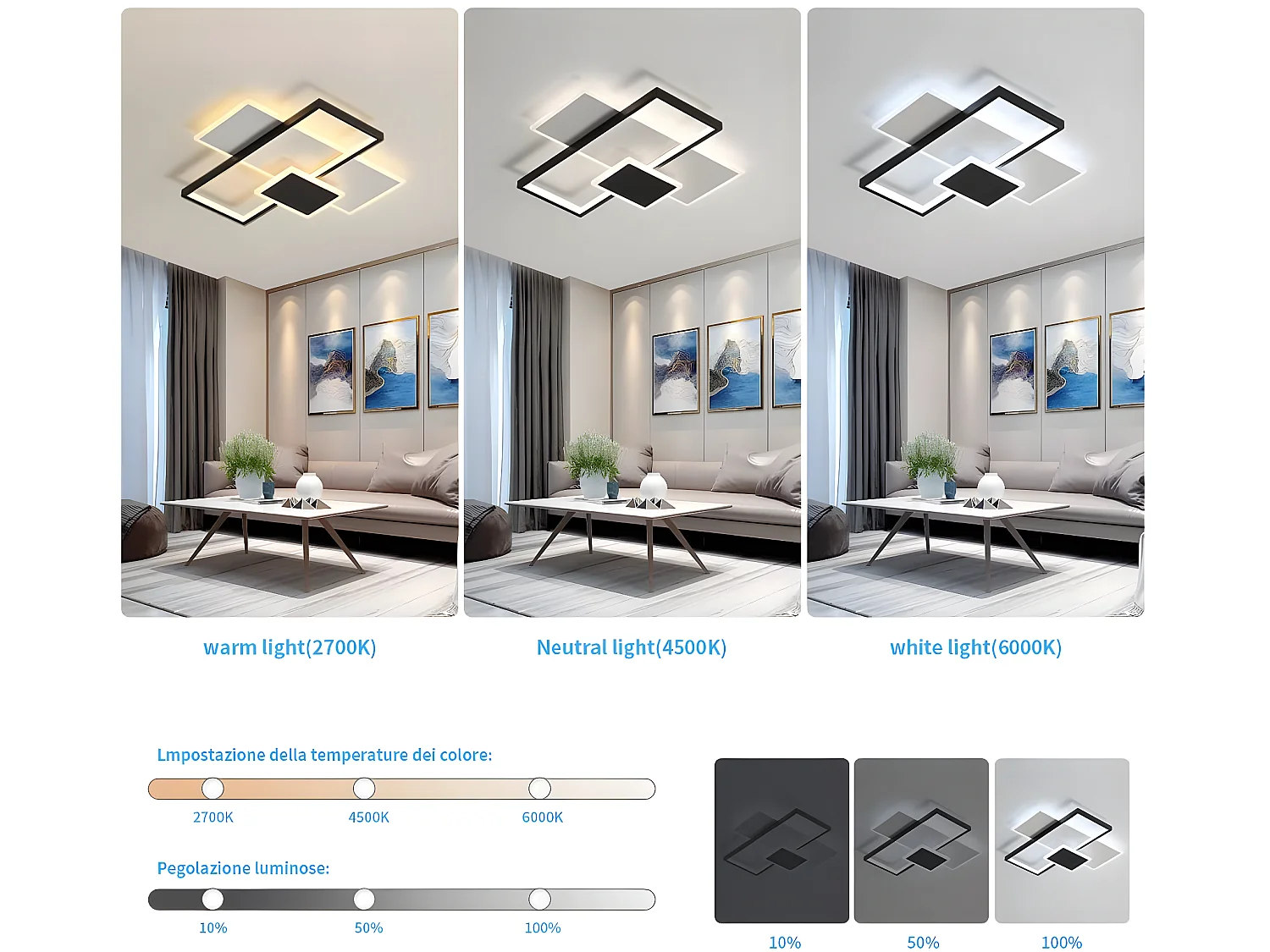 Plafonnier led moderne dimmable avec télécommande, blanc noir, 52*52*7cm, 2700k-6500k