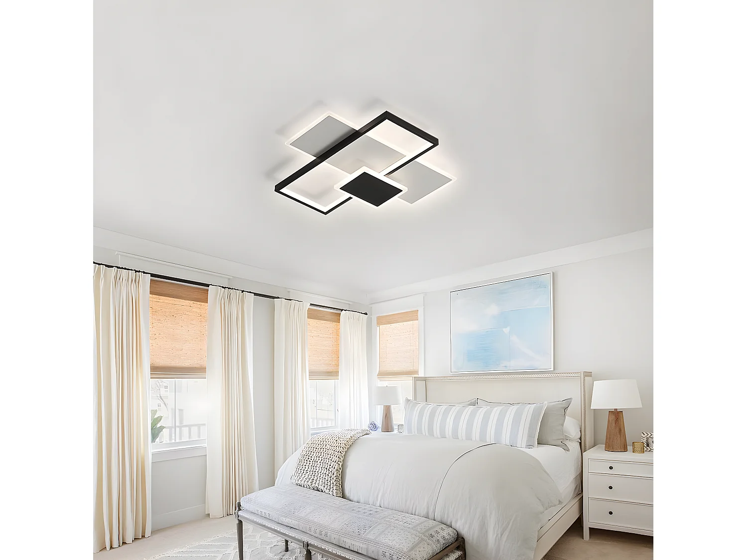 Plafonnier led moderne dimmable avec télécommande, blanc noir, 52*52*7cm, 2700k-6500k