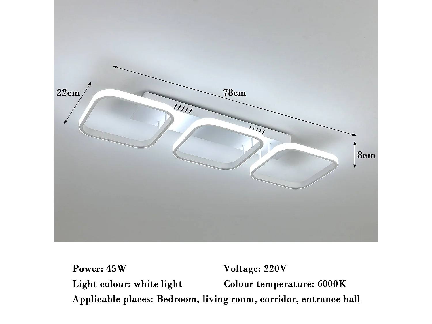 Luz de techo LED 45W cuadrado cuadrado geométrico simple, 78*22 cm, en metal, luz blanca