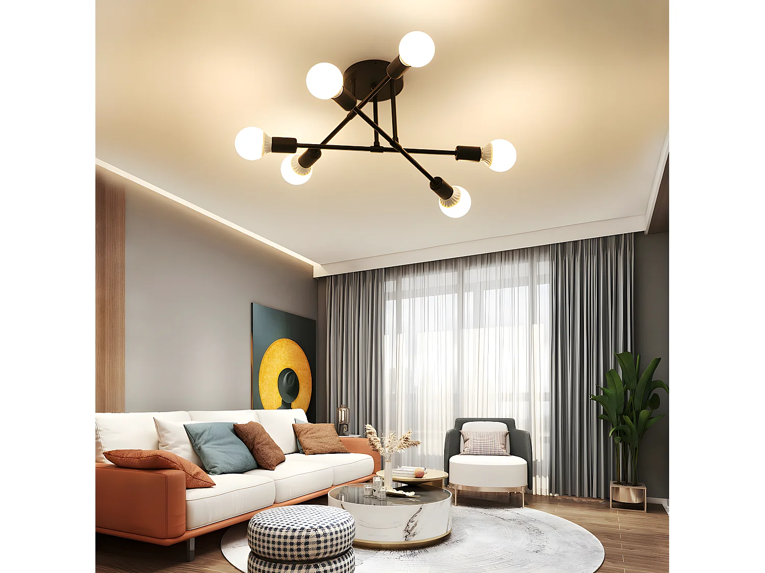 Industrieleuchte Spoutnik E27, 60*60*19cm, 6 Vintage-Lampenarme, ohne Leuchtmittel