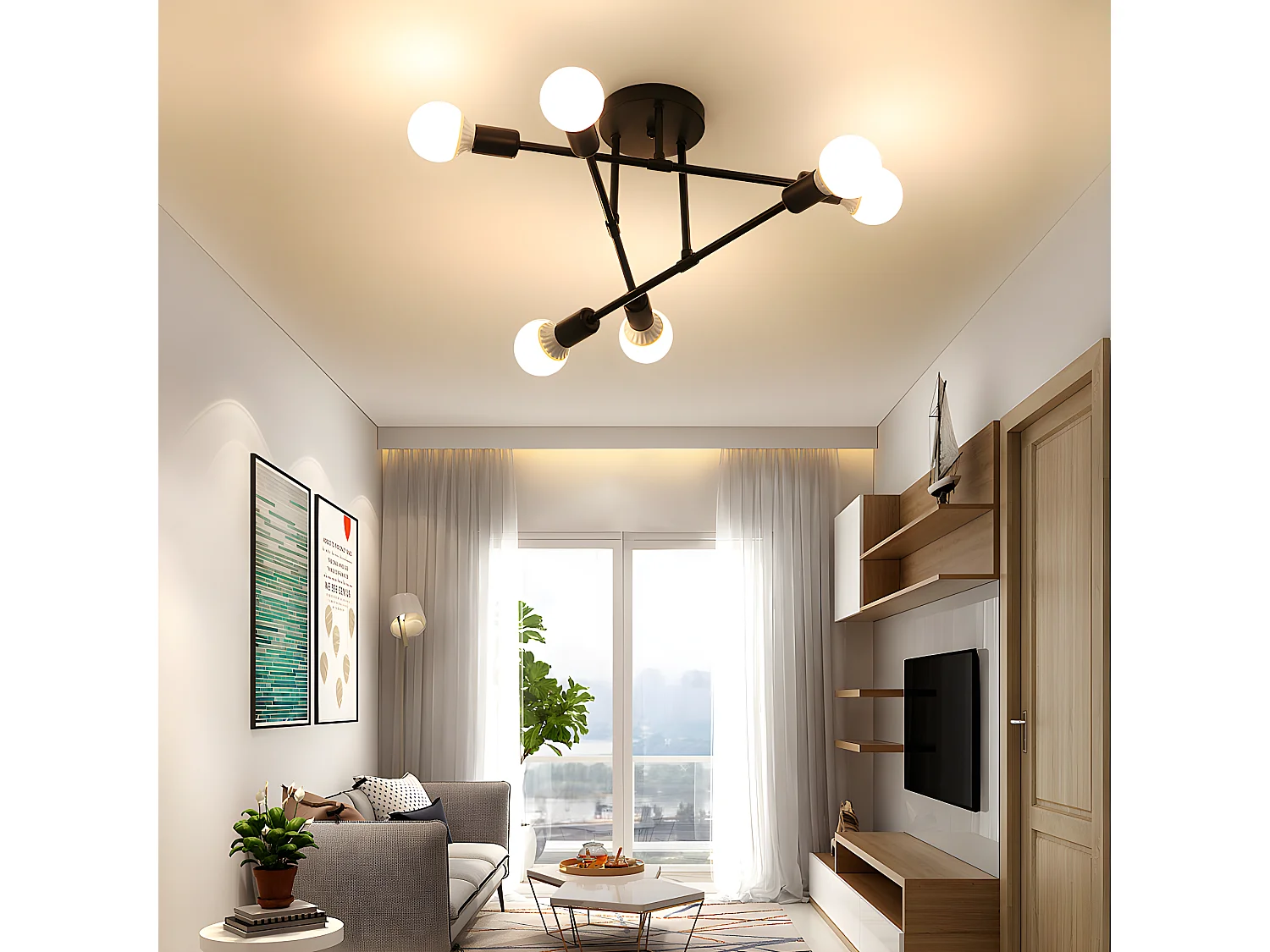 Industrieleuchte Spoutnik E27, 60*60*19cm, 6 Vintage-Lampenarme, ohne Leuchtmittel