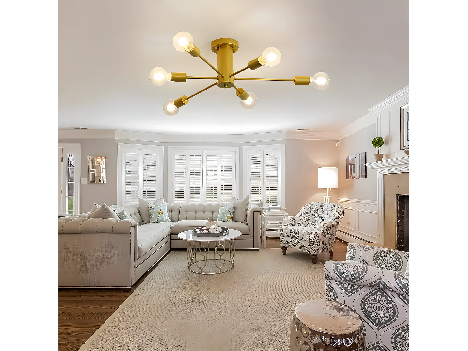 Vintage-Industrie-Deckenleuchte, Gold, 54*54*15 cm, 6 Leuchten, Beleuchtung ohne E27-Glühbirne