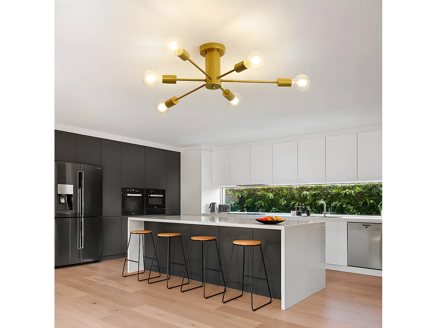 Vintage-Industrie-Deckenleuchte, Gold, 54*54*15 cm, 6 Leuchten, Beleuchtung ohne E27-Glühbirne