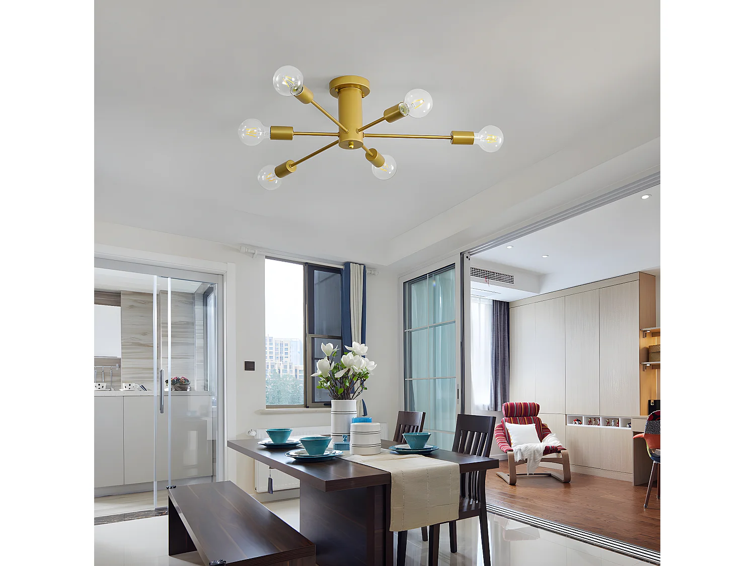 Vintage-Industrie-Deckenleuchte, Gold, 54*54*15 cm, 6 Leuchten, Beleuchtung ohne E27-Glühbirne