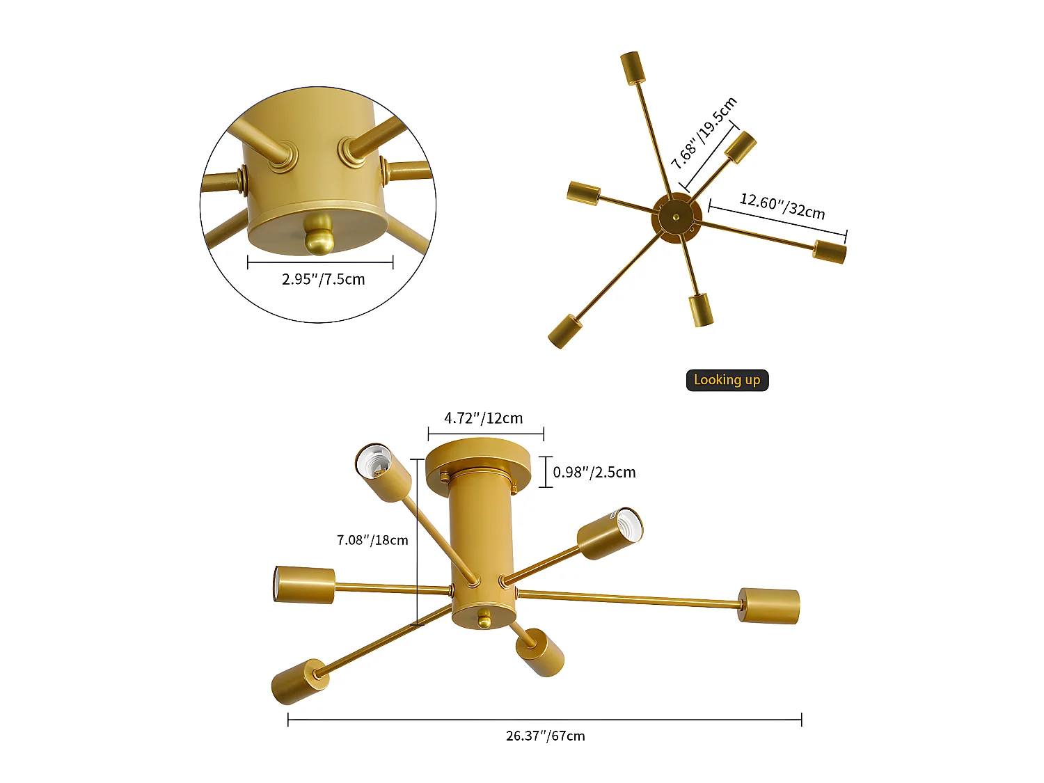 Vintage-Industrie-Deckenleuchte, Gold, 54*54*15 cm, 6 Leuchten, Beleuchtung ohne E27-Glühbirne