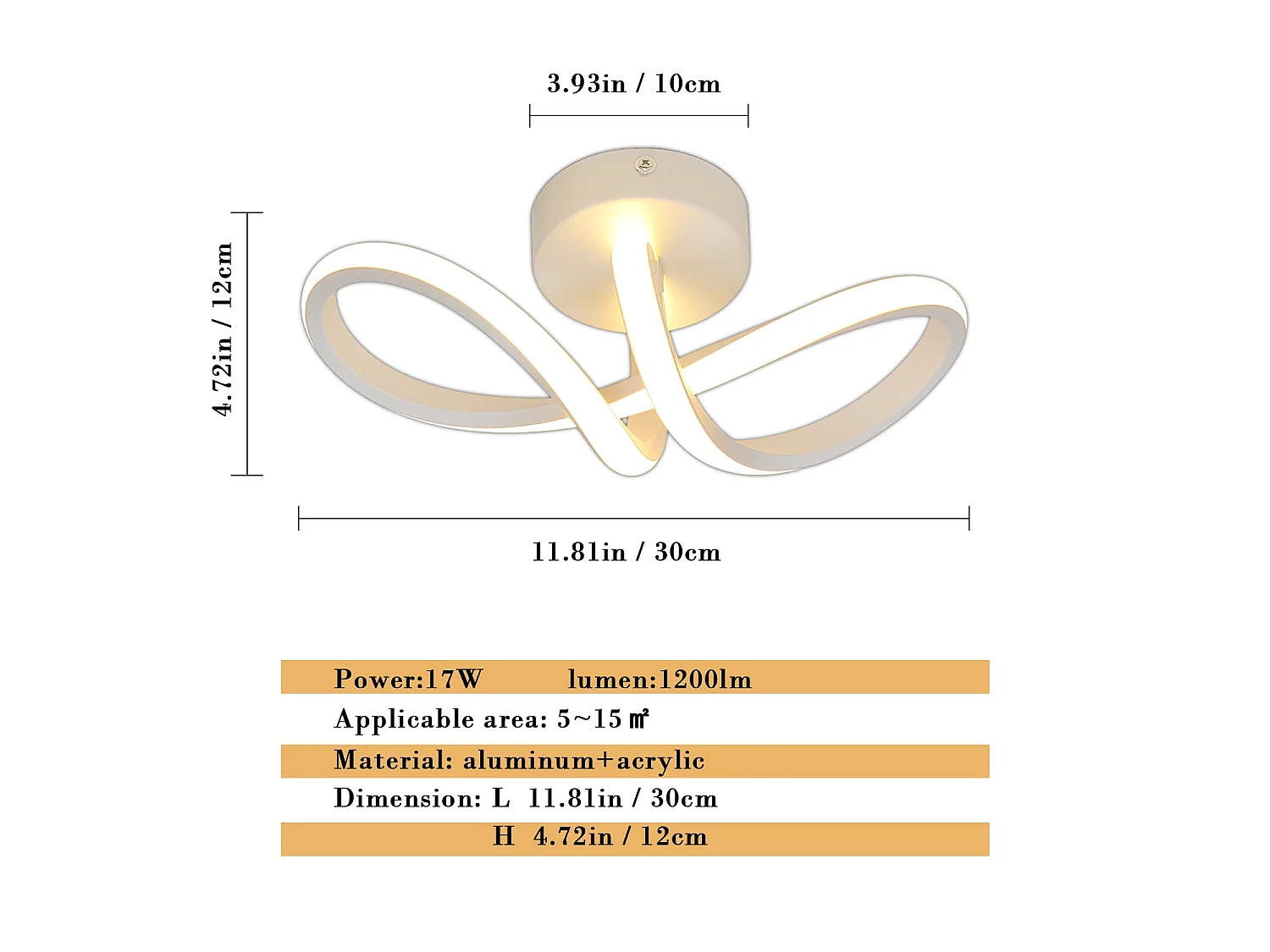 Plafonnier led moderne, L29*W10, courbe 16w 2500lm, lumière blanc chaud