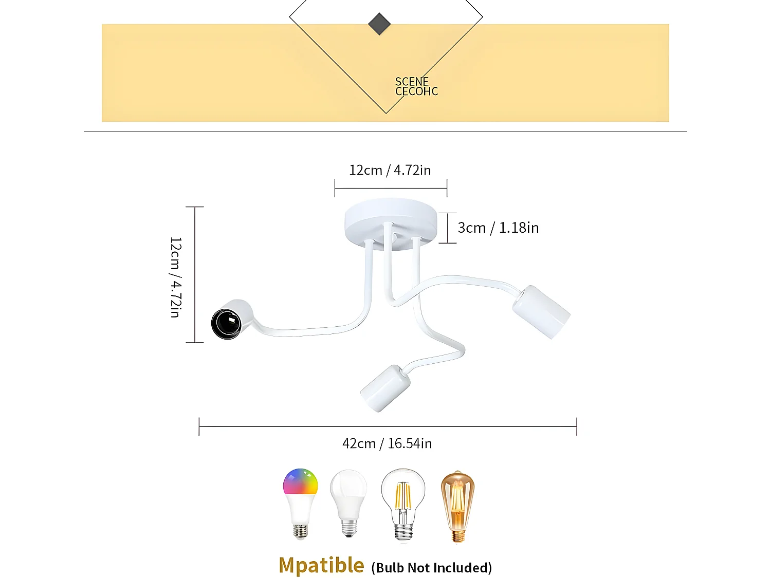 Lustre vintage, plafonnier industriel 3 lumières, 42*42*21cm, blanc, sans ampoule E27