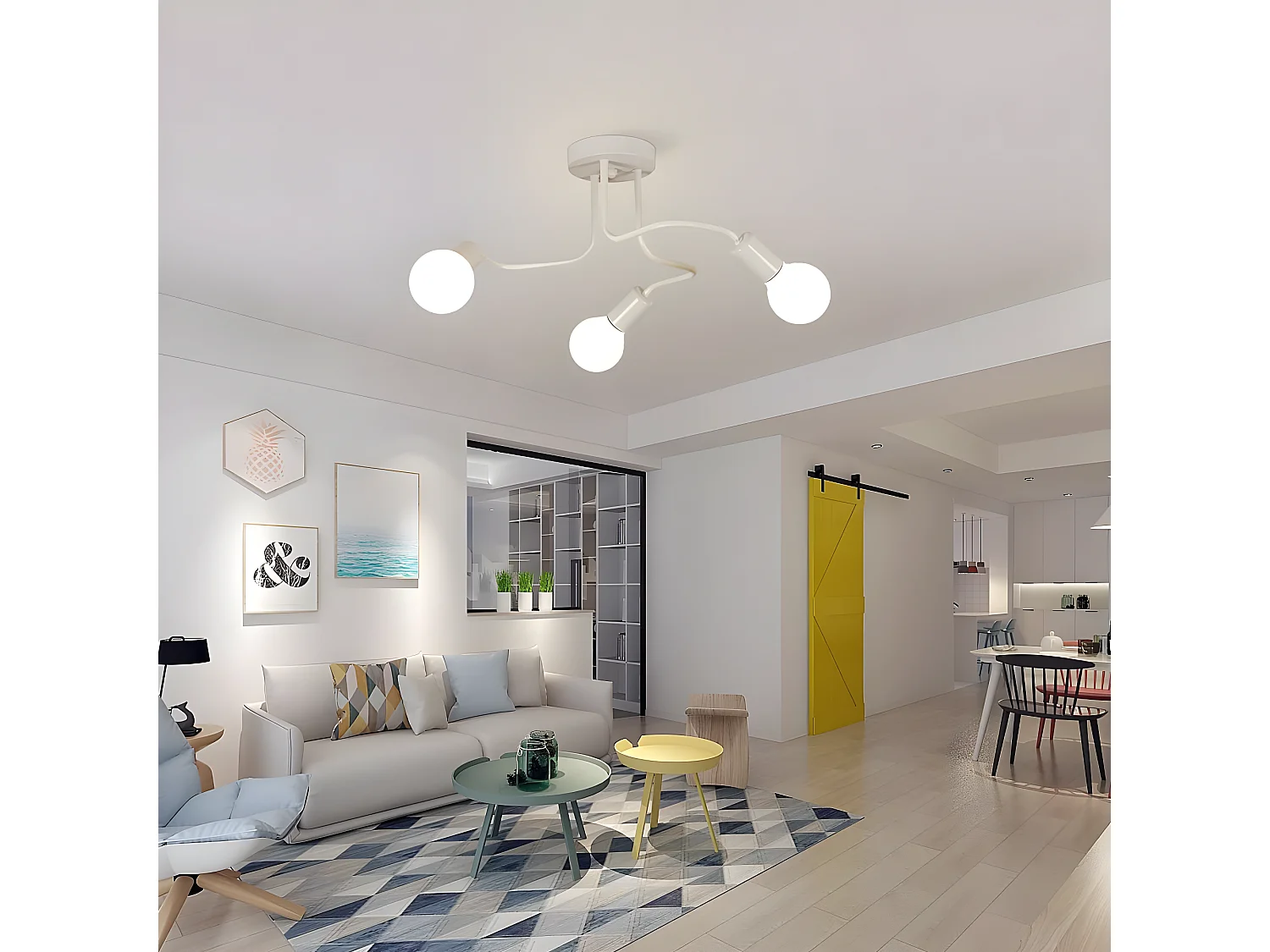 Lustre vintage, plafonnier industriel 3 lumières, 42*42*21cm, blanc, sans ampoule E27