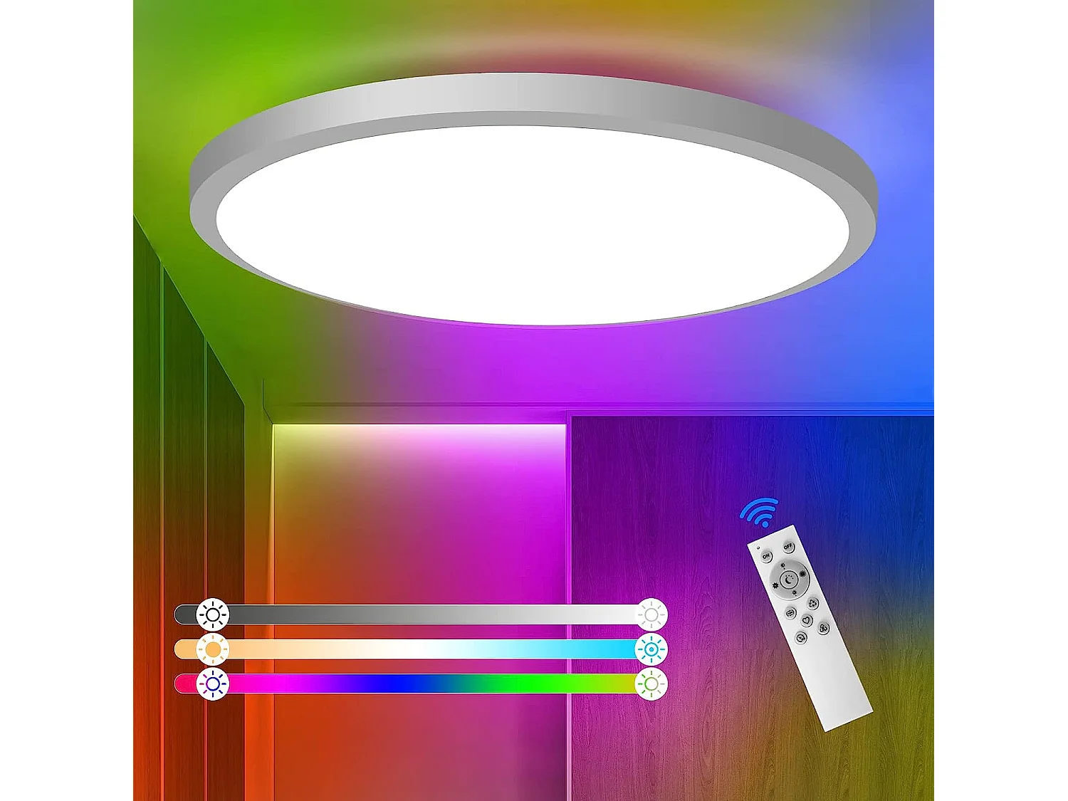 Plafonnier led dimmable rgb 3000k-6500k rond, 28*5.2cm,  étanche ip54, avec télécommande
