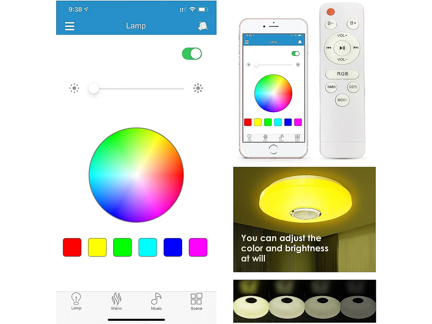 plafonnier led RGB moderne dimmable, 33*6cm, avec télécommande, multicolore